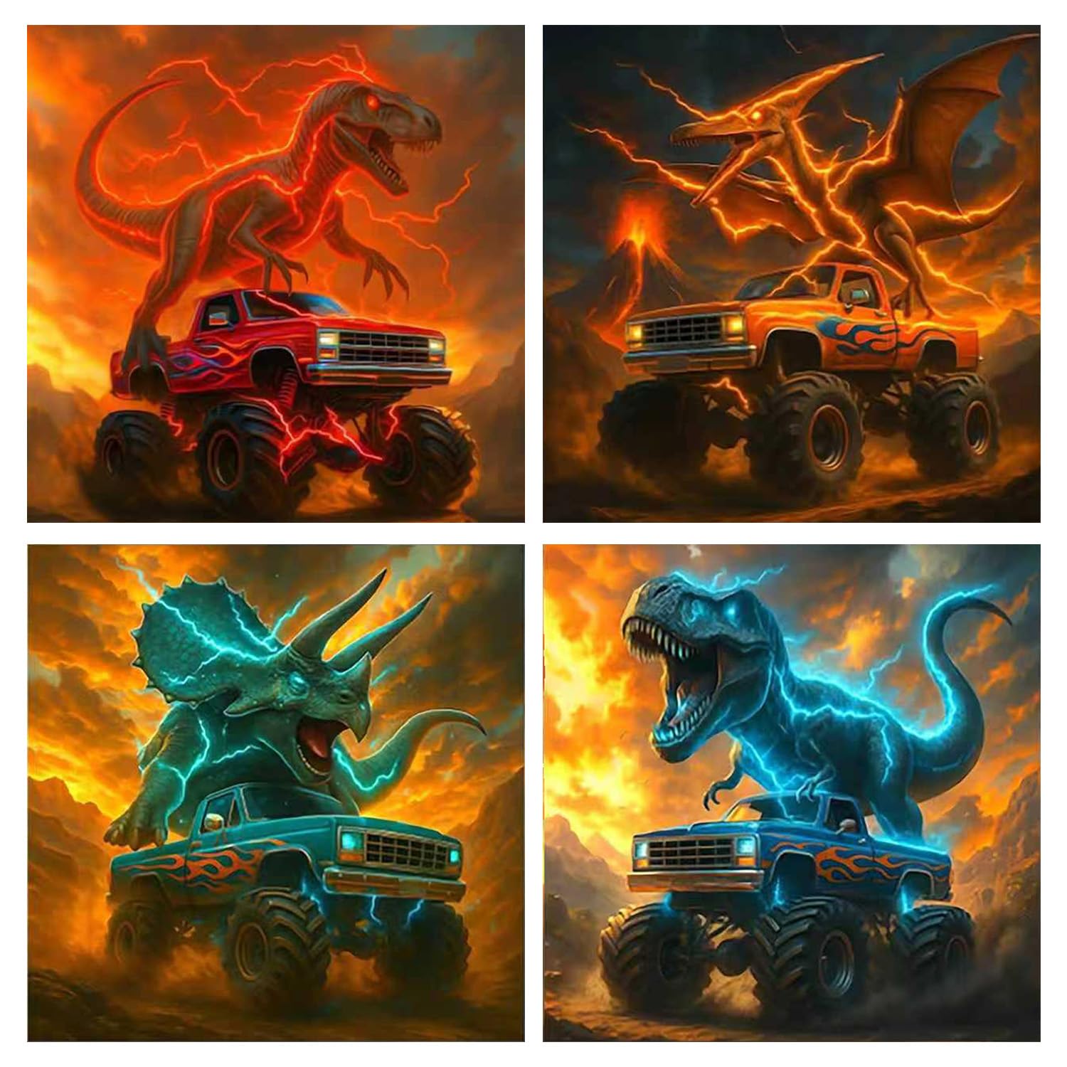 WEMEON 4 Stück Diamond Painting Erwachsene, 5D Diamond Painting Dinosaurier, DIY Diamant Painting für Anfänger and Wohndekoration 30x30cm