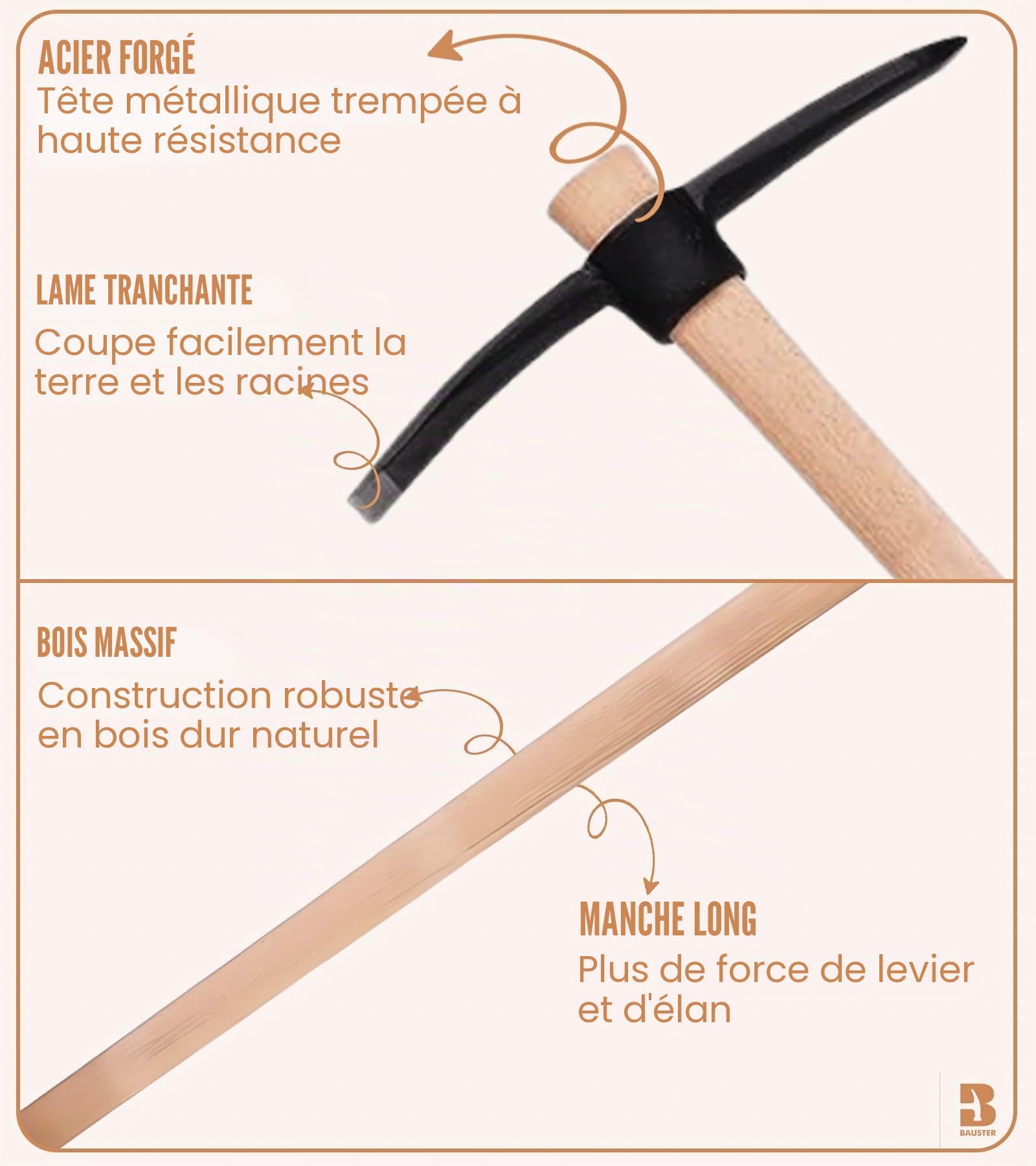Pioche pointue avec manche en bois, équipée des deux côtés, pioche combinée pour ameublir les sols durs, binette de jardin utile pour briser les murs, pioche (2,5 kg)