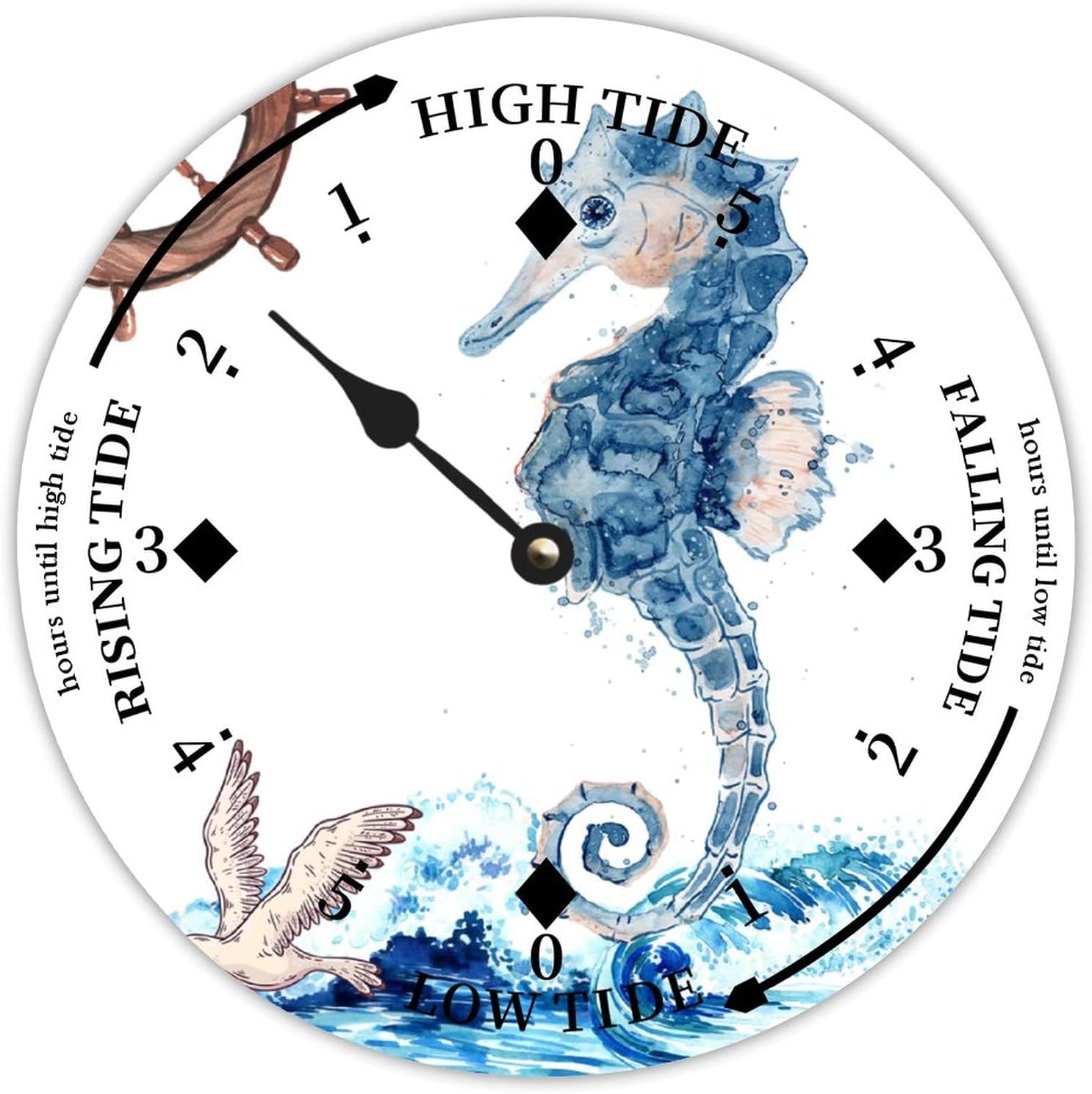 Ocean Hippocampus Tide Clock Silent Non-Ticking Battery Operated Wooden Moon Tidal Clock Wood Wall Art Nautical Tide Movement Clock for Restaurant Living Room Home Decor 15 Inch