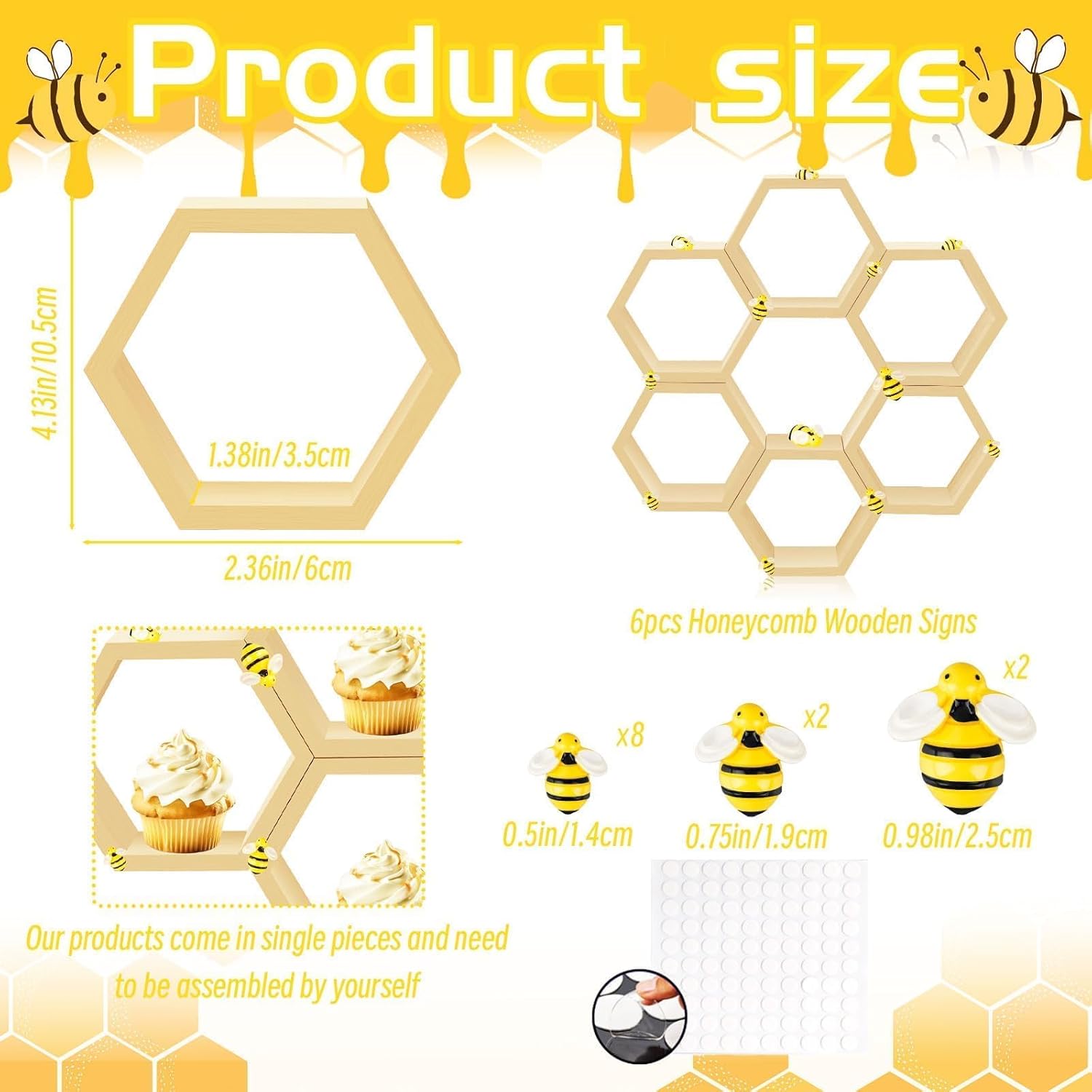 12 Pcs 4.13 Inch Honeycomb Cupcake Stand Cake Farmhouse Hexagon Display Holder Hexagonal Wood Cupcake Stand Floating Table Sign with Wooden Bee for Wedding Baby Shower Birthday Party Table Decorations