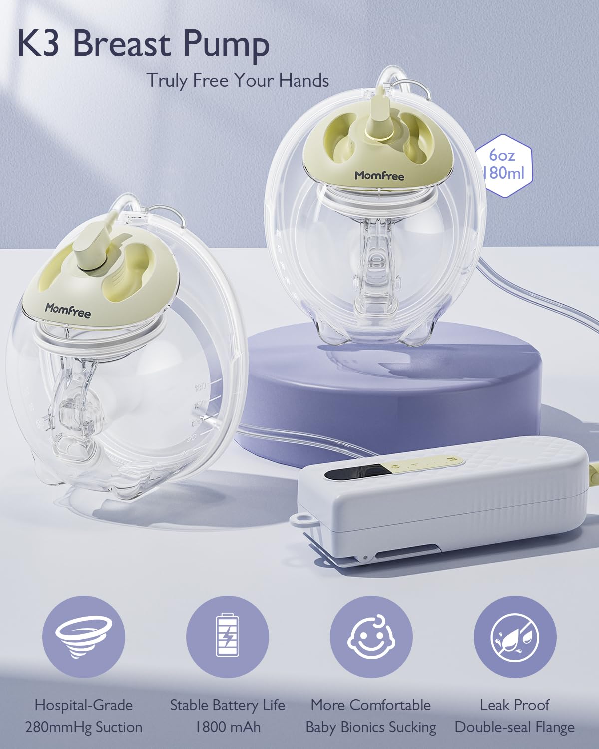 K3 Milchpumpe mit Freisprecheinrichtung, tragbare Stillpumpe mit doppeltem Dichtungsflansch, langlebiger 1800-mAh-Akku und LED-Display, 3 Modi und 9 Pumpenstufen