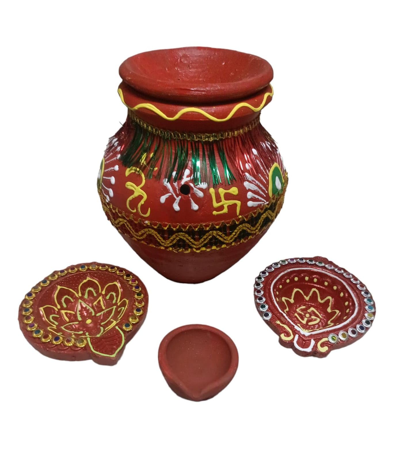 Youth Enterprises Premium Handcrafted Multicolor Clay Karwa |Karwachauth Set | Clay Karwa Pooja Set | Karwachatuh Puja Set | Home Decor | Gift Item (1 Pcs Kalash Set 2 Colourful Diya and 1 Pcs Natural Diya).