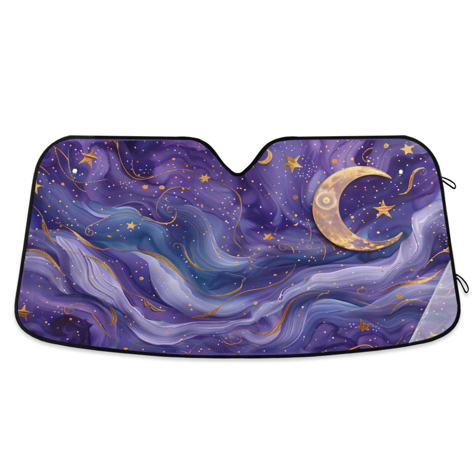 Car Windshield Sun Shade Moon Stars Purple Galaxy Foldable Car Front Windshield Sunshade Blocks UV Rays Sun Visor Heat Protection for Truck SUV to
