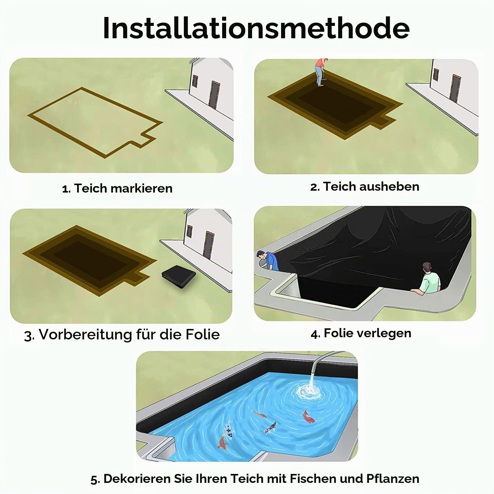 Verstärkte 35S Polyethylen-Teichfolie, 6 x 8 m, schwarz, UV-beständig, für Koiteiche, Gartenpools und Bewässerung, einfache Installation, langlebige und zuverlässige Lösung
