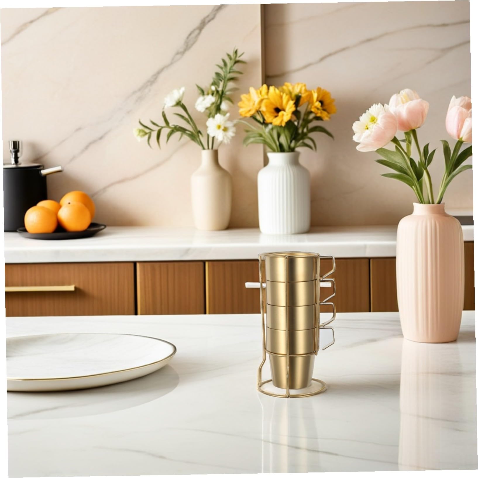 Tazas Apilables de Acero Inoxidable para Doble Pared Aislante con Asa y Soporte Dorado Tazas Térmicas para Café Té y Bebidas Frías para Camping y Uso Doméstico