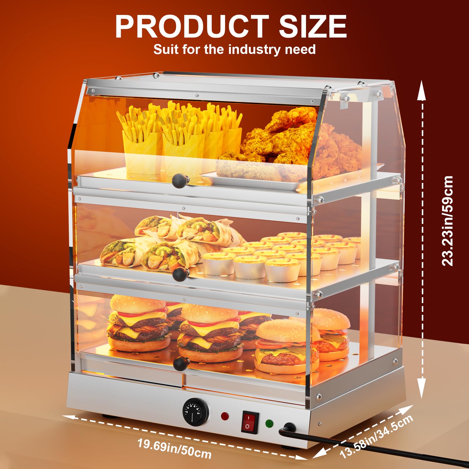 Exhibidor comercial de 3 niveles, vitrina de alimentos calientes de acero inoxidable con iluminación LED, temperatura ajustable de 30 a 85 °C, vitrina eléctrica calentada para hamburguesas