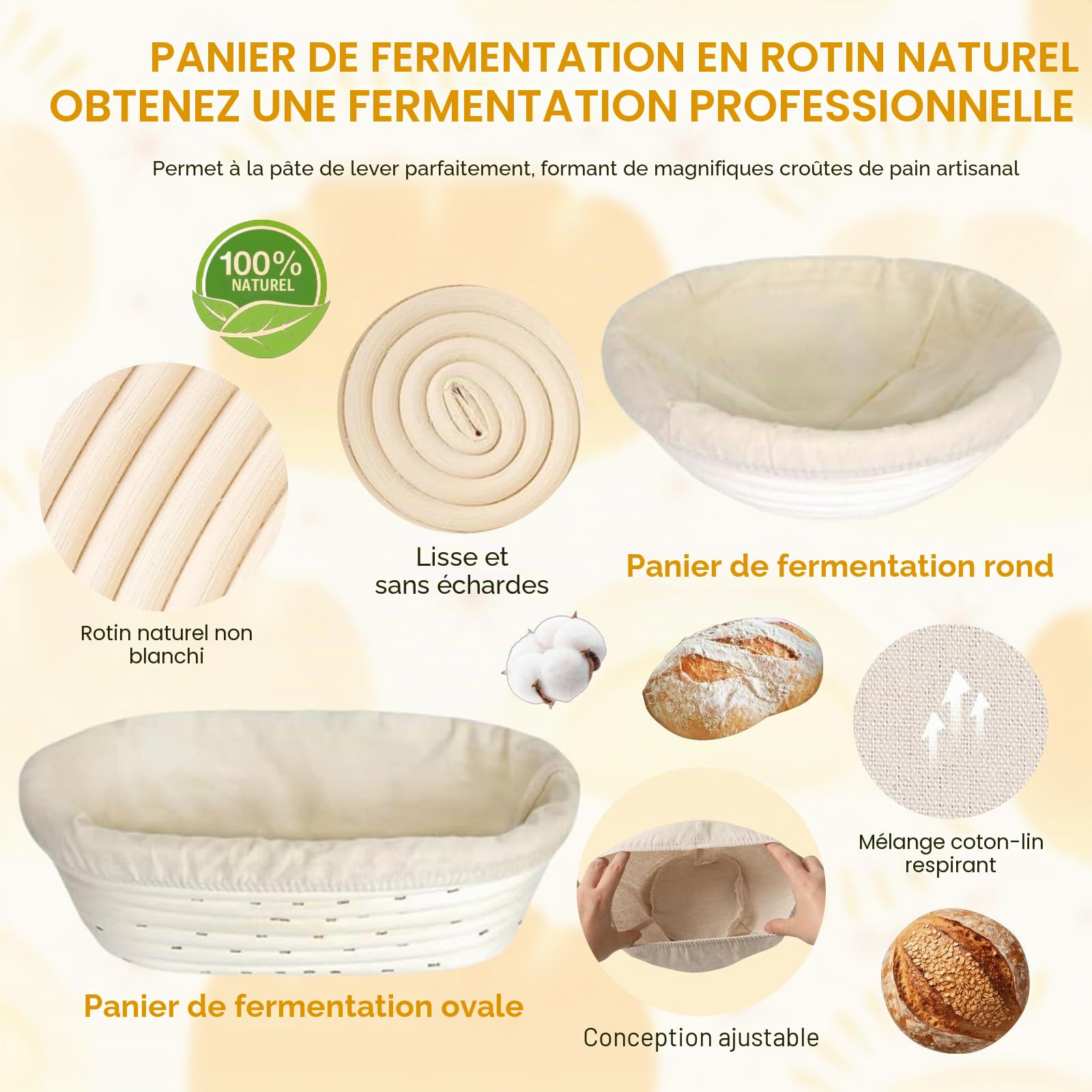 Banneton Pour Pain en Rotin Naturel 16 Pièces Accessoire pour Faire du Pain | Ovale 25cm & Ronde 23cm Banneton avec Starter Jar, Pot à Levain, Accessoire Boulangerie pour Débutants & Professionnels