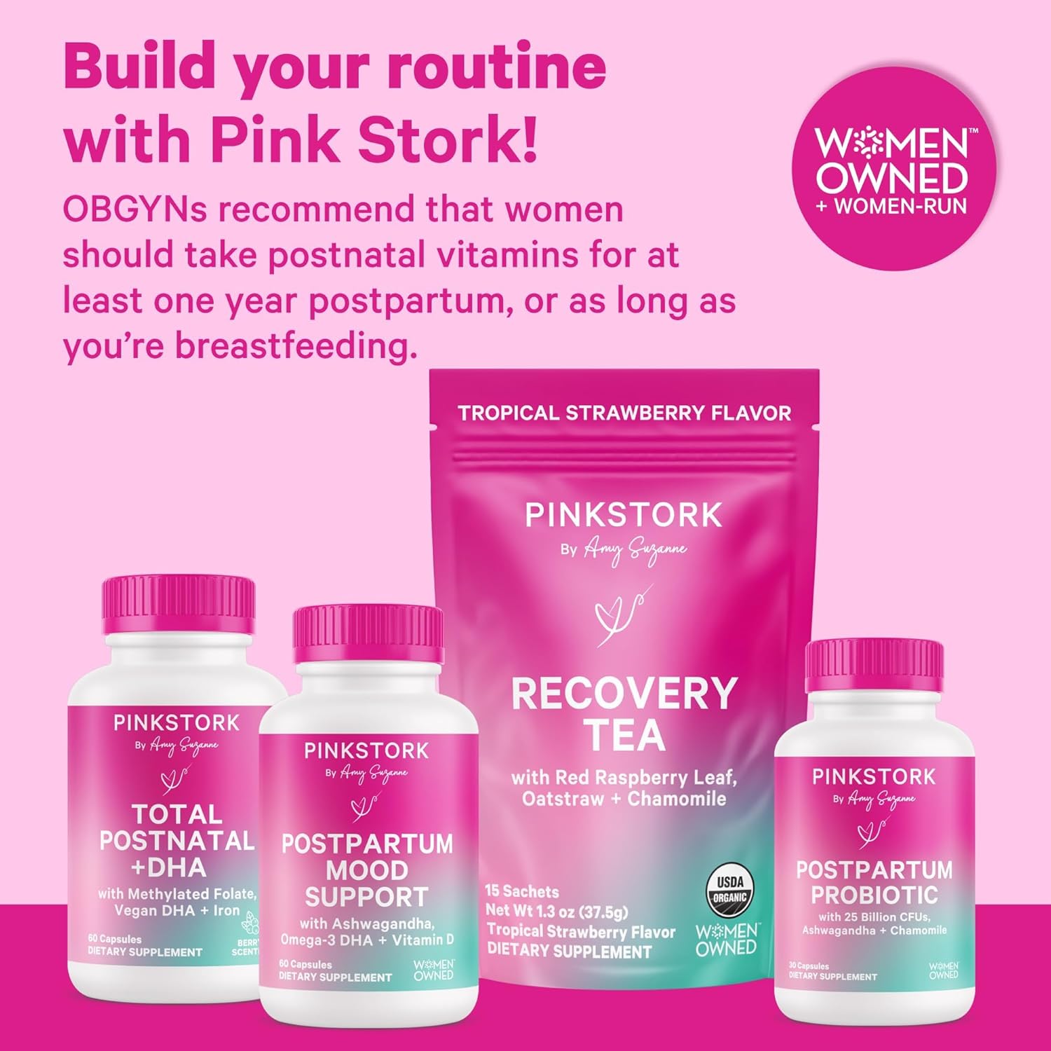 Pink Stork Total Postnatal Vitamins for Women | Vegan DHA, Iron, Folate, B12 | Postpartum Recovery Essentials | Lactation Support for Breastfeeding Moms | Third-Party Tested - 60 Capsules, Berry