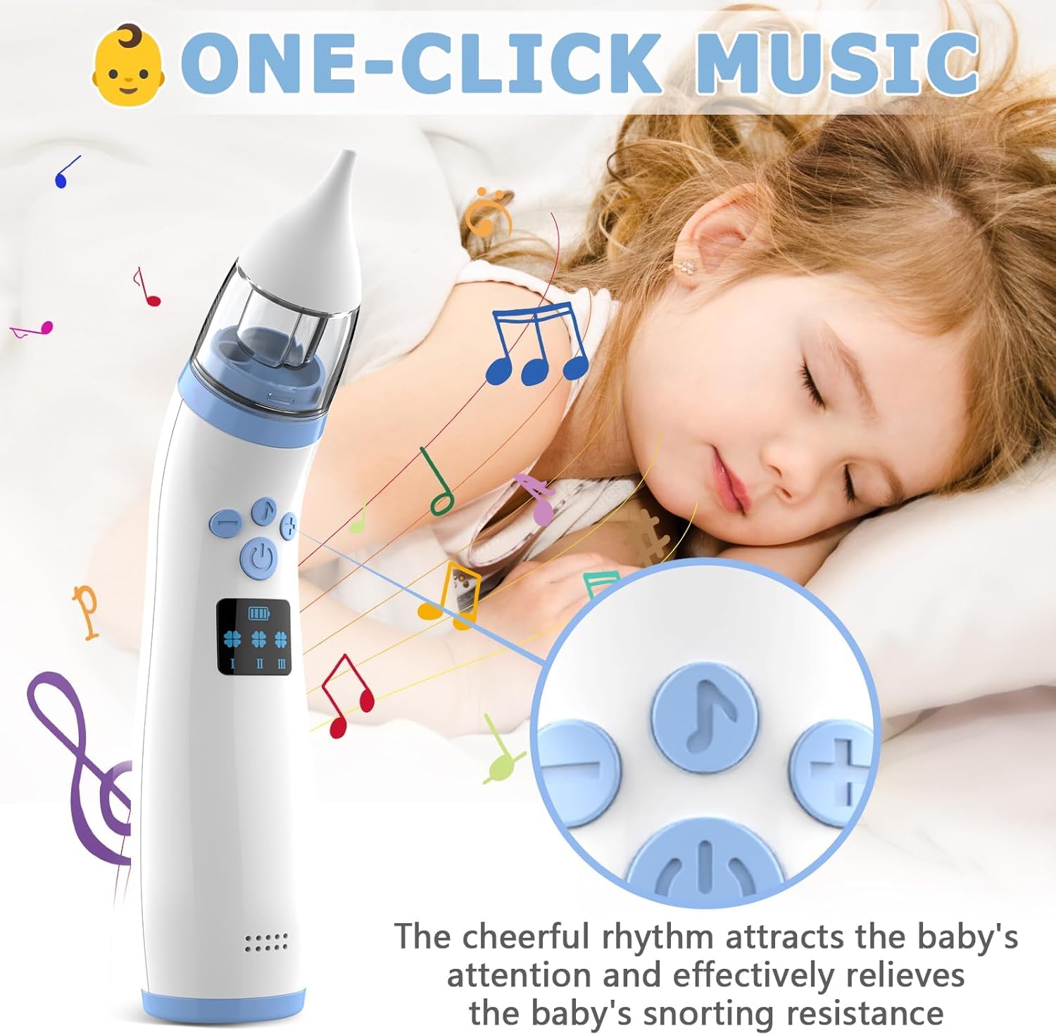Aspiratore nasale elettrico per neonati, ricaricabile con 3 livelli di aspirazione, 2 punte, musica e luce soffusa – pulisce il naso dei bambini in modo delicato