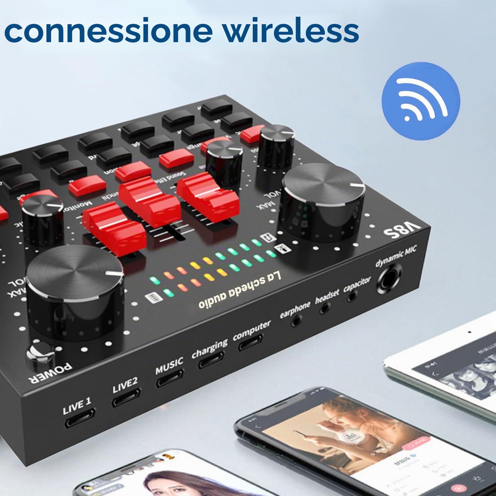 Scheda Audio Live, 16 Effetti Sonori V8S Voice Changer Scheda Audio Connessione Wireless, 8 modalità Divertenti, Scheda Mixer Audio per Karaoke, Design Leggero