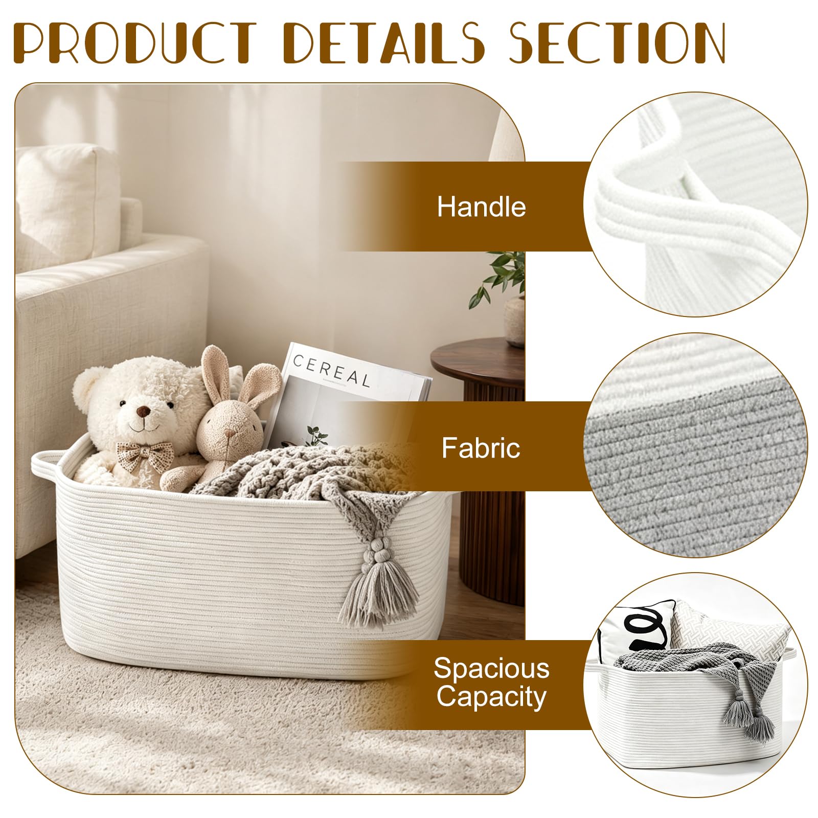 Cesto Portabiancheria in Corda Intrecciata 50L, Cesta Portabiancheria con Manici per Coperte, Giocattoli, Peluche, Vestiti, 46 x 36 x 30 cm (Bianco)