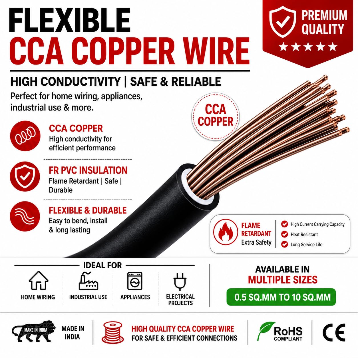 CabONE Lite 1.5 Sq mm Electrical Wire - 90m Blue Single Core CCA Copper Wire | Fire Retardant PVC Insulation for Domestic Wiring Black 3