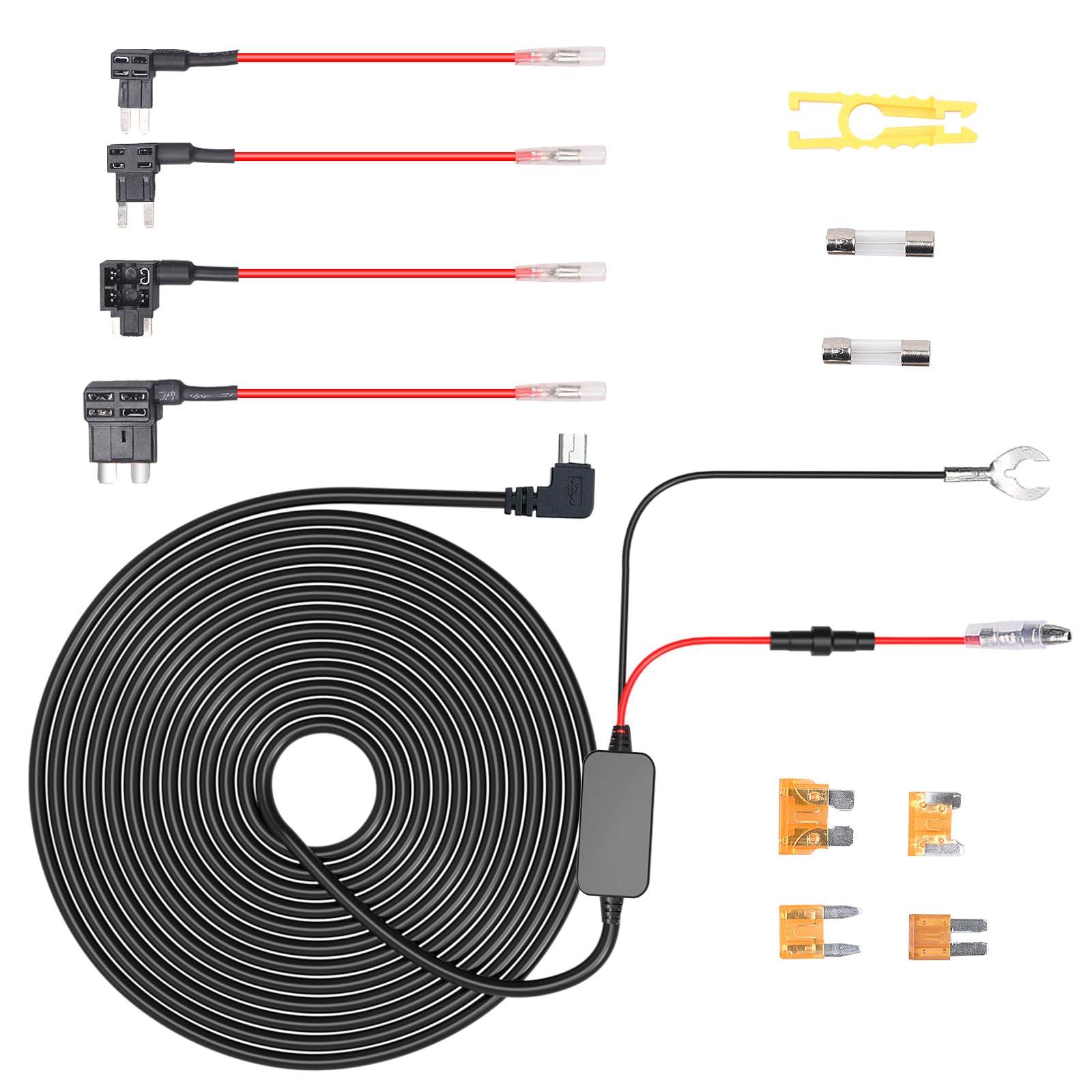 MONDGE Dash Cam Hardwire Kit Micro USB Hard Wire Kit with 12V-24V to 5V Car Dash Camera Power Cord,24 Hours Surveillance Low Voltage Protection 4 Fuse Tap Cable 13FT