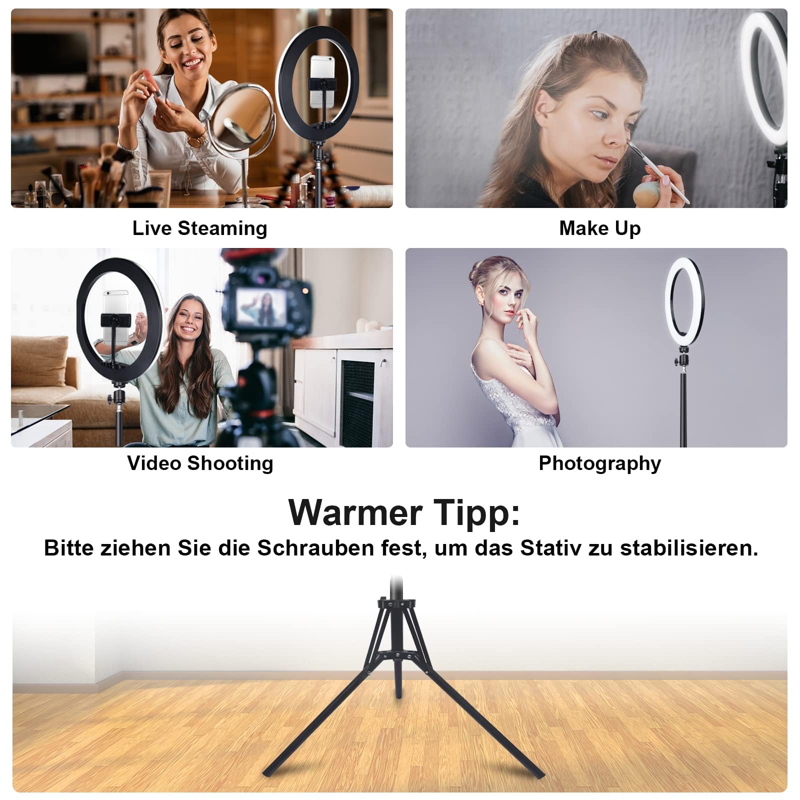 Herrfilk 13 Zoll Ringlicht mit Stativ, 1 Tablet-Clip und 2 Handyhalterungen, 3000-6000K,10 Helligkeiten, Musik modi, 100 RGB-Lichtmodi, LED Ringleuchte für Selfie,Tik Tok Vlog,YouTube, Facebook Video