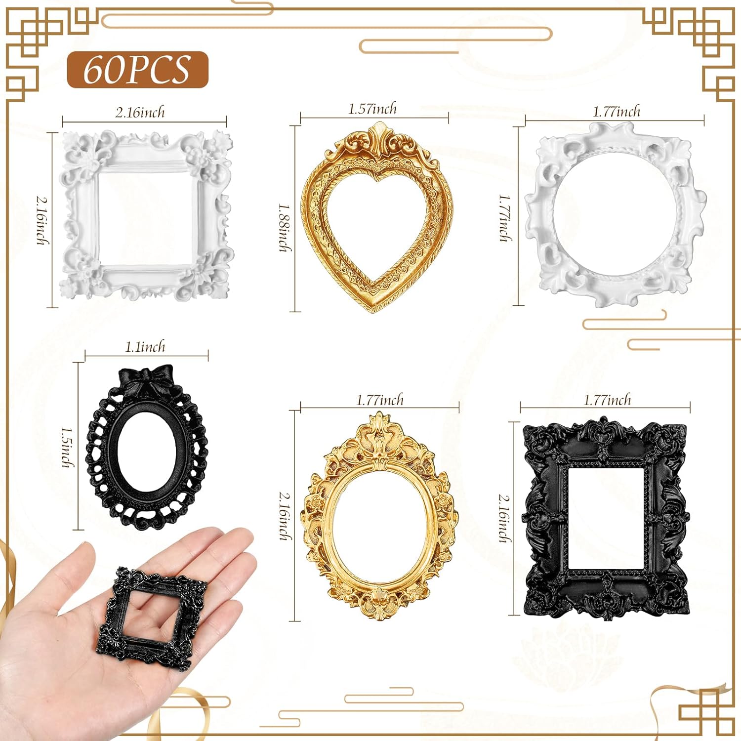 Remerry 60 Pcs Mini Frame, Vintage Resin Picture Antique DIY Manicure Jewelry Small Display Frames Photography Resin Photo Frame Home Decoration (Gold,White,Black)