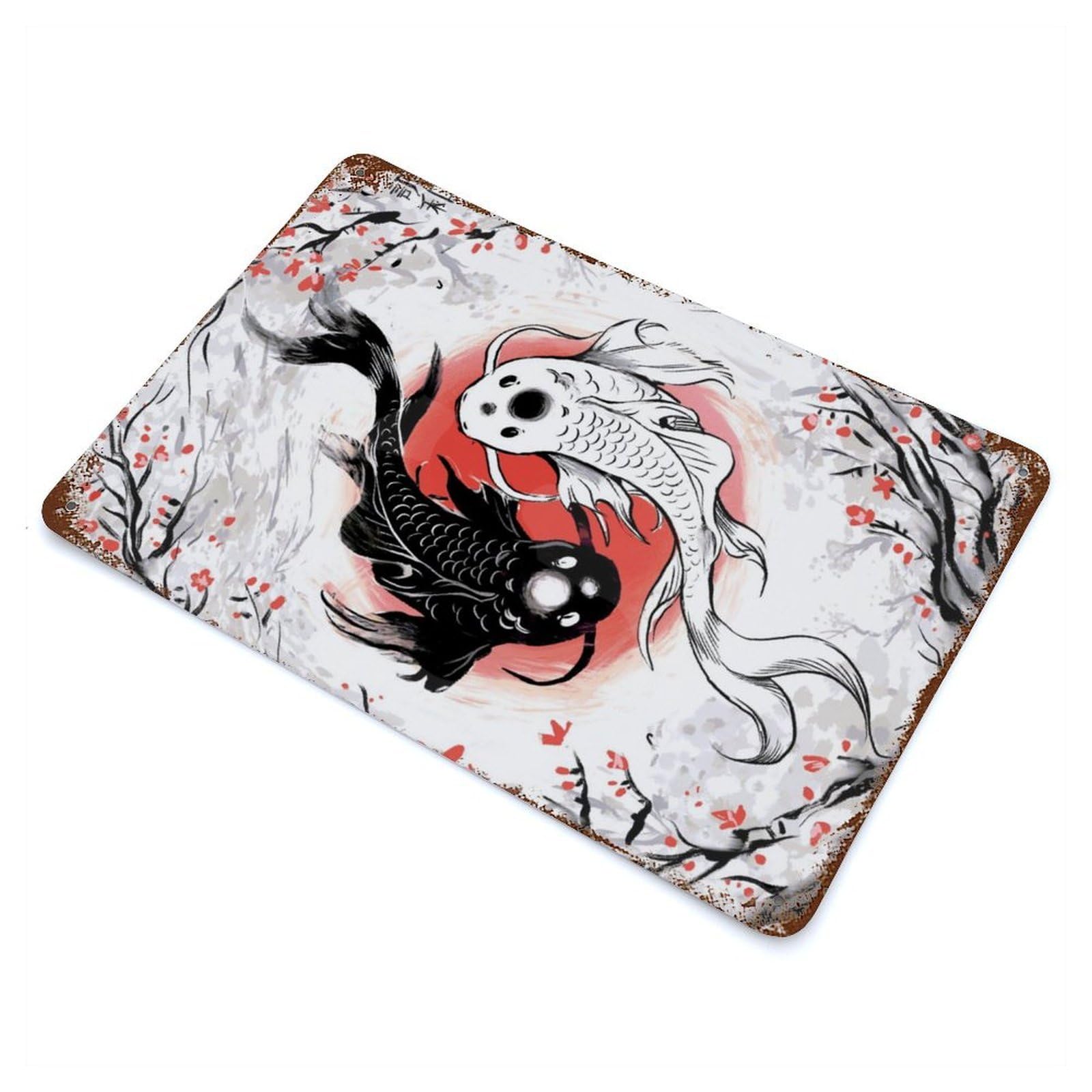 Rust Effect Yin And Yang Koi Fish Weathered Tin Sign 11.8"x7.9", Classic Wall Plaque for Living Room, Hallway And Home Decor