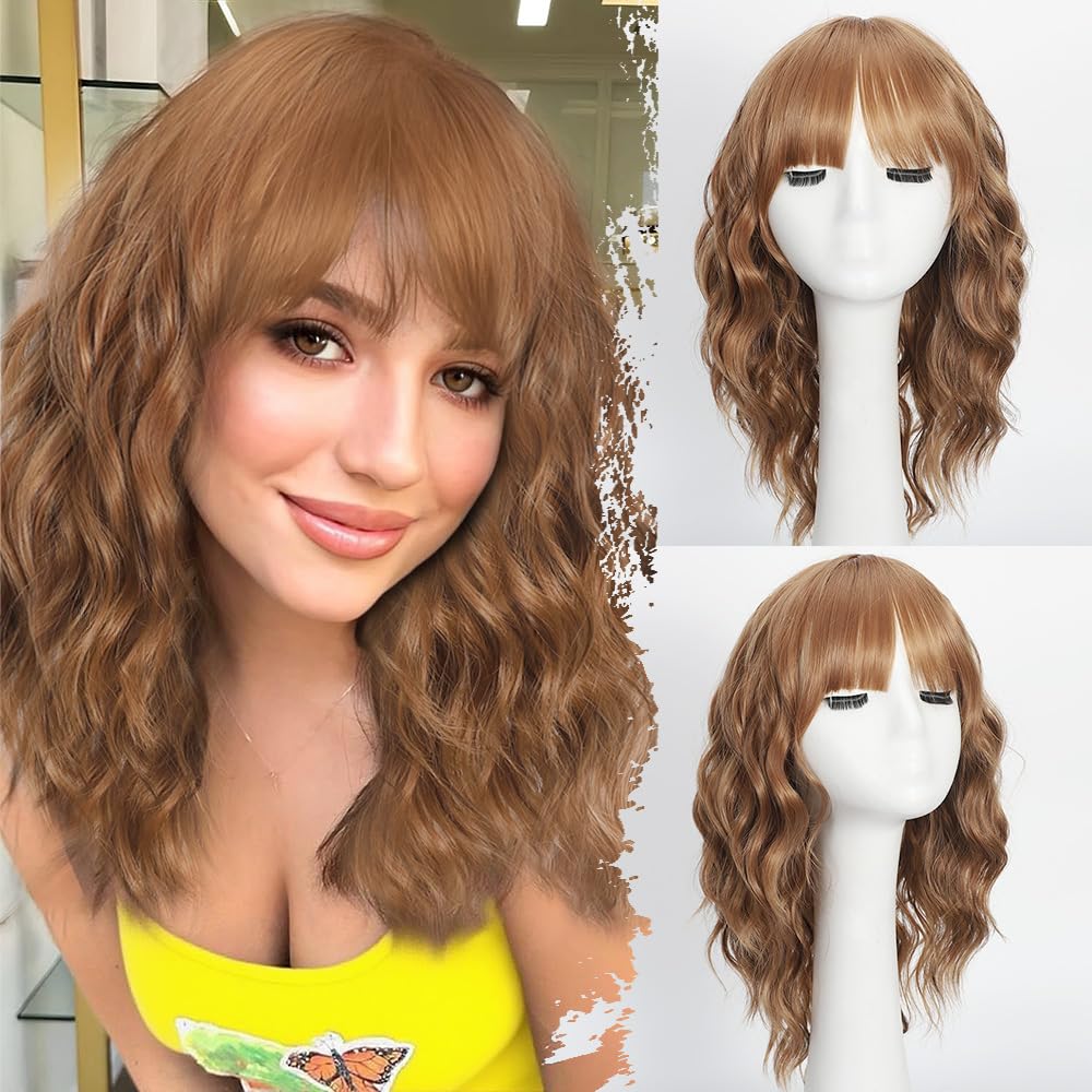 Light Brown Wig with Bangs Short Wavy Wigs for Women Curly Bob Style Wear and Go Natural Synthetic Wigs for Halloween Costumes Cosplay Daily Party Use 16IN