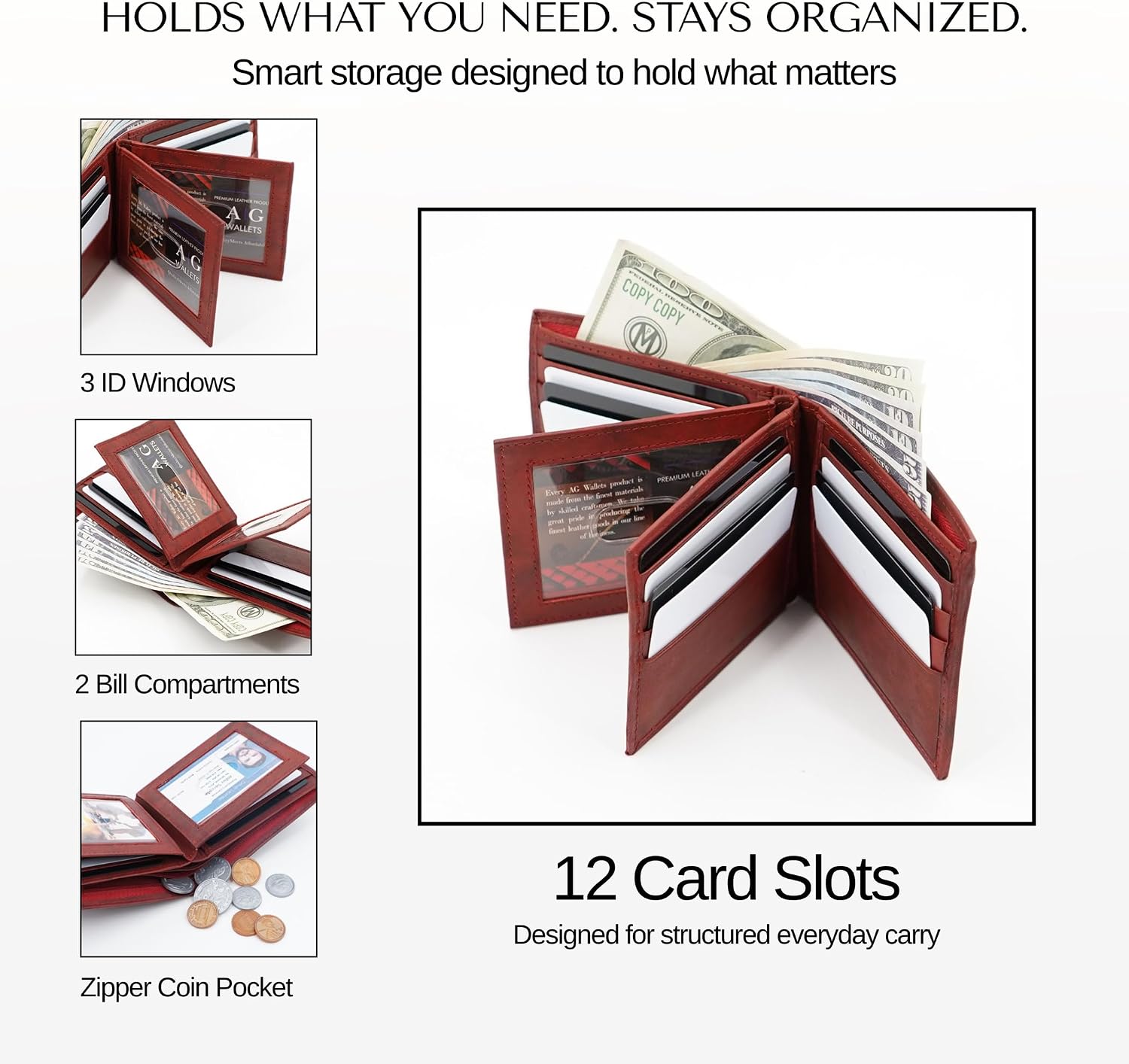 AG Wallets Bifold Leather Wallet for Men - Men’s Wallet with Double Center Flap & 3 ID Windows - Compact Wallet for Men - Cash Wallet with 12 Card Slots & 2 Billfold Compartments - Burgundy image 3