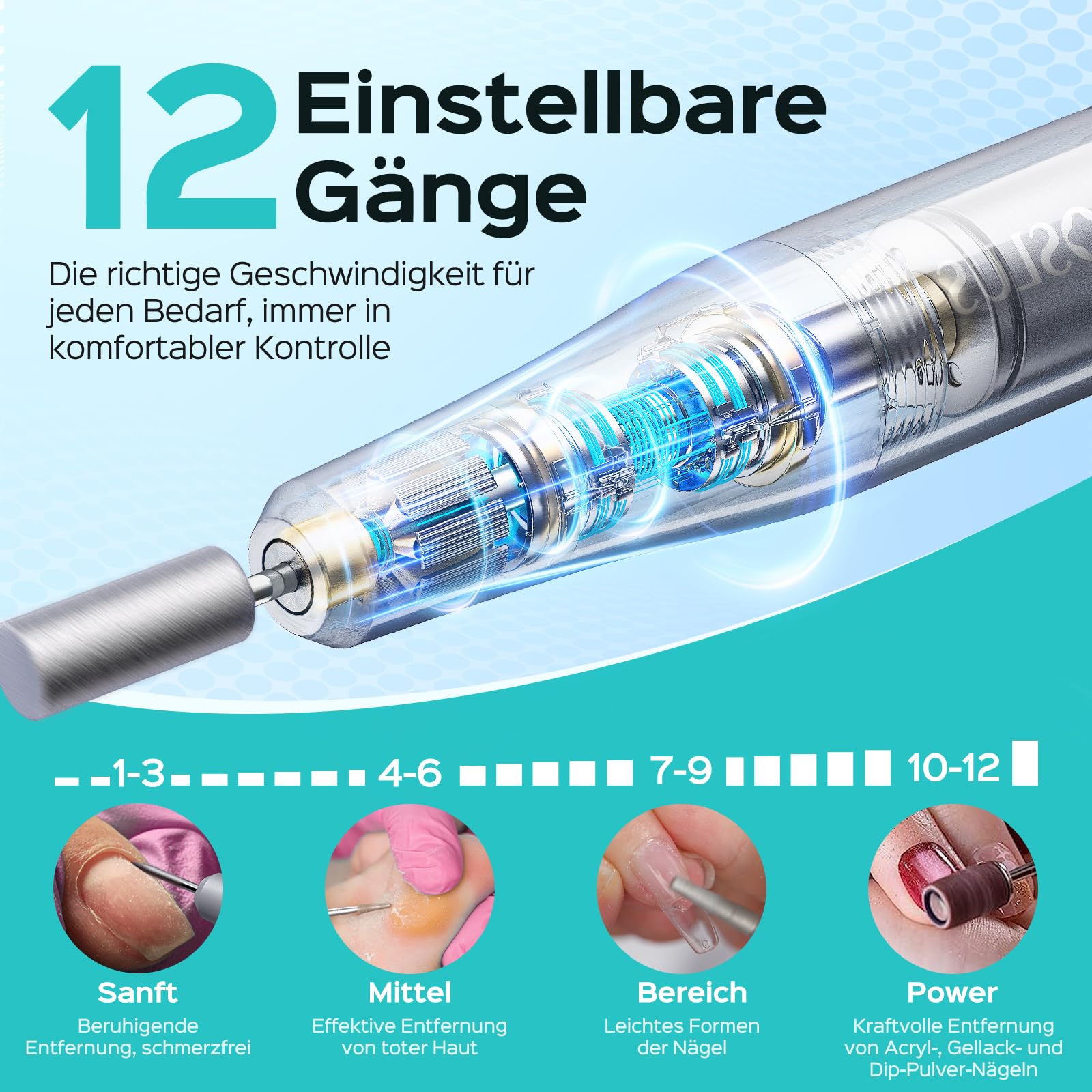 COSLUS C50 Nagelfräser Kabellose Elektrische Nagelfeile: 12-stufiger Nagelfräser mit LED-Display für Gelnägel, Acryl-Gel-Dip-Pulver-Entfernung, Nageldesign-Übung, Heim-DIY & Reisenutzung,Dunkelgrau