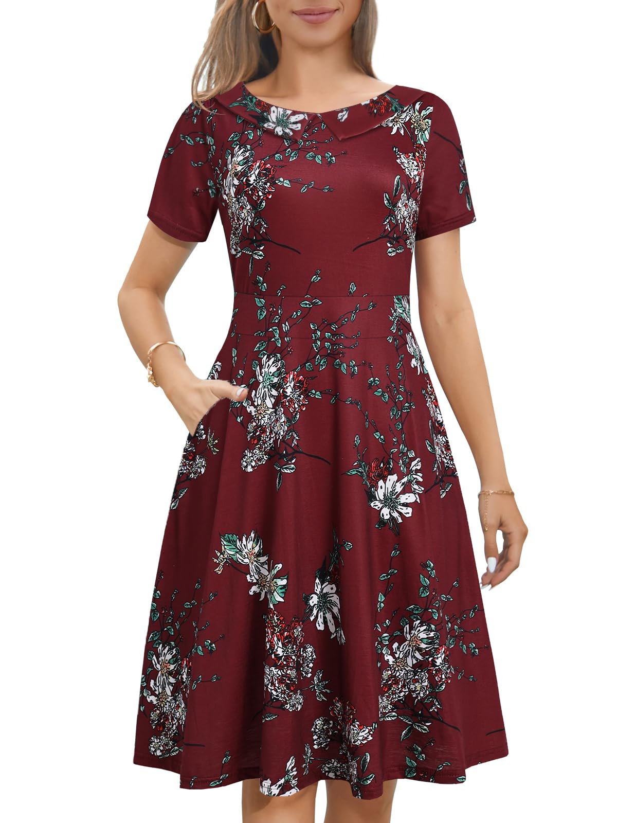 Women's Elegant Vintage Dresses Knee Length Casual Floral Print Work Party Peter Pan Collar A-Line Dress with Pockets 978