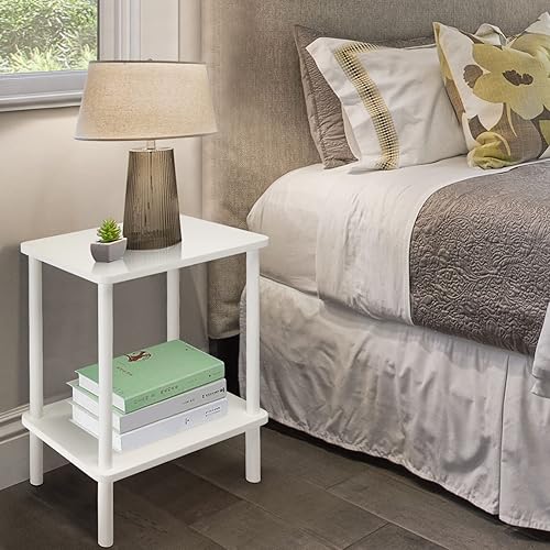 SEJOV Mesa auxiliar de 2 niveles con estante de almacenamiento, mesa auxiliar pequeña para espacios pequeños, mesita de noche de madera para