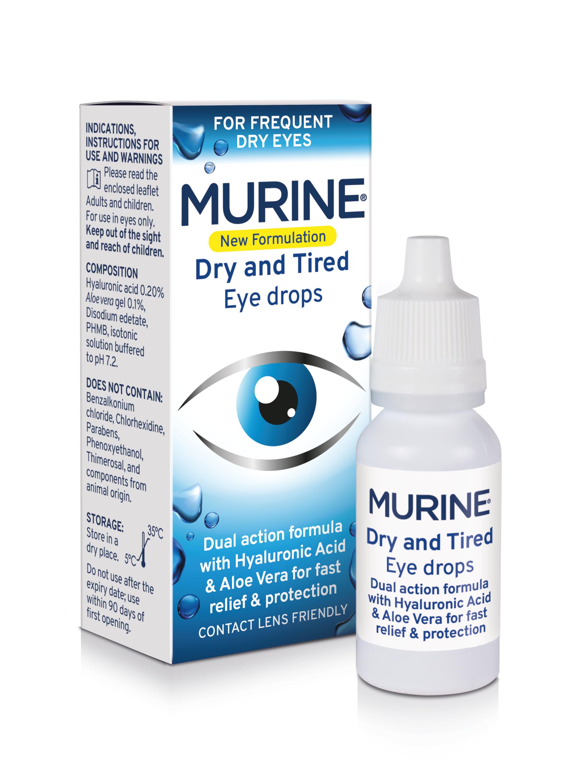Murine Dry & Tired Eye Relief Eye Drops with a Triple Action Formula That Hydrate, Refresh and Relieve Dry or Tired Eyes, New Formulation,15ml