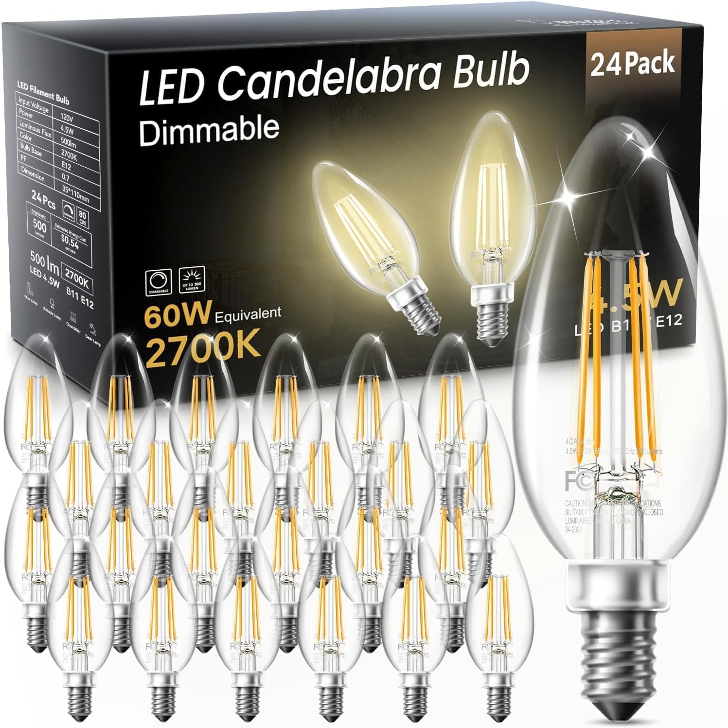 TJOY LED Candelabra Bulbs Dimmable, 60W Equivalent Chandelier Light Bulb, E12 Small Base, 4.5W 2700K Soft Warm White, B11 Vintage Filament Clear Glass Candle Light for Ceiling Fan Chandeliers, 24Pack