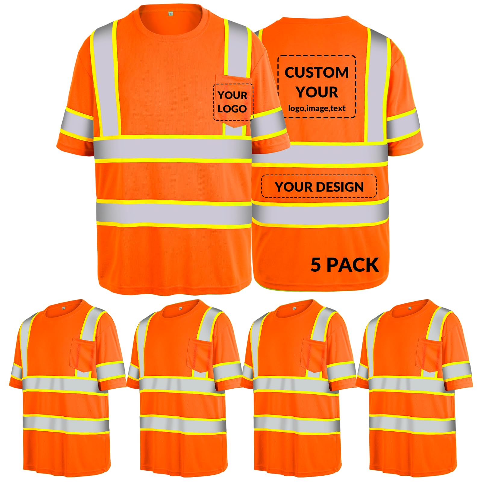 Safety Shirts Logo Custom High Visibility Shirts Class 3 Hi Vis Reflective T Shirts Construction Work Shirts for Men/Women Orange Short Sleeve-(XX-Largel,5Pack)