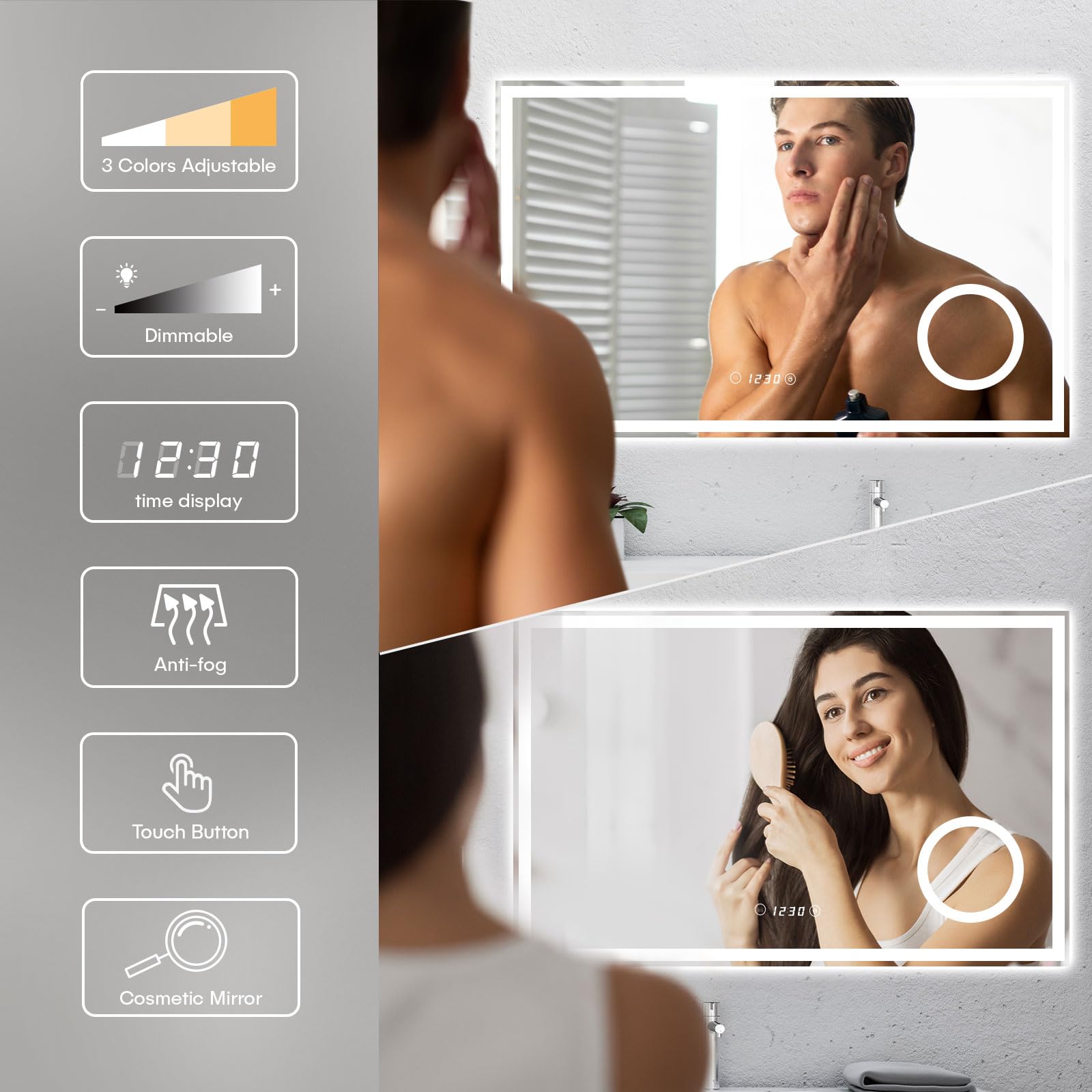 Dripex Badspiegel mit Beleuchtung Led Spiegel mit 3-Fach Schminkspiegel, Uhr und Steckdose, Dimmbar, 3 Lichtfarbe Einstellbare Badezimmerspiegel mit Beleuchtung, Beschlagfrei 60 x 100 cm