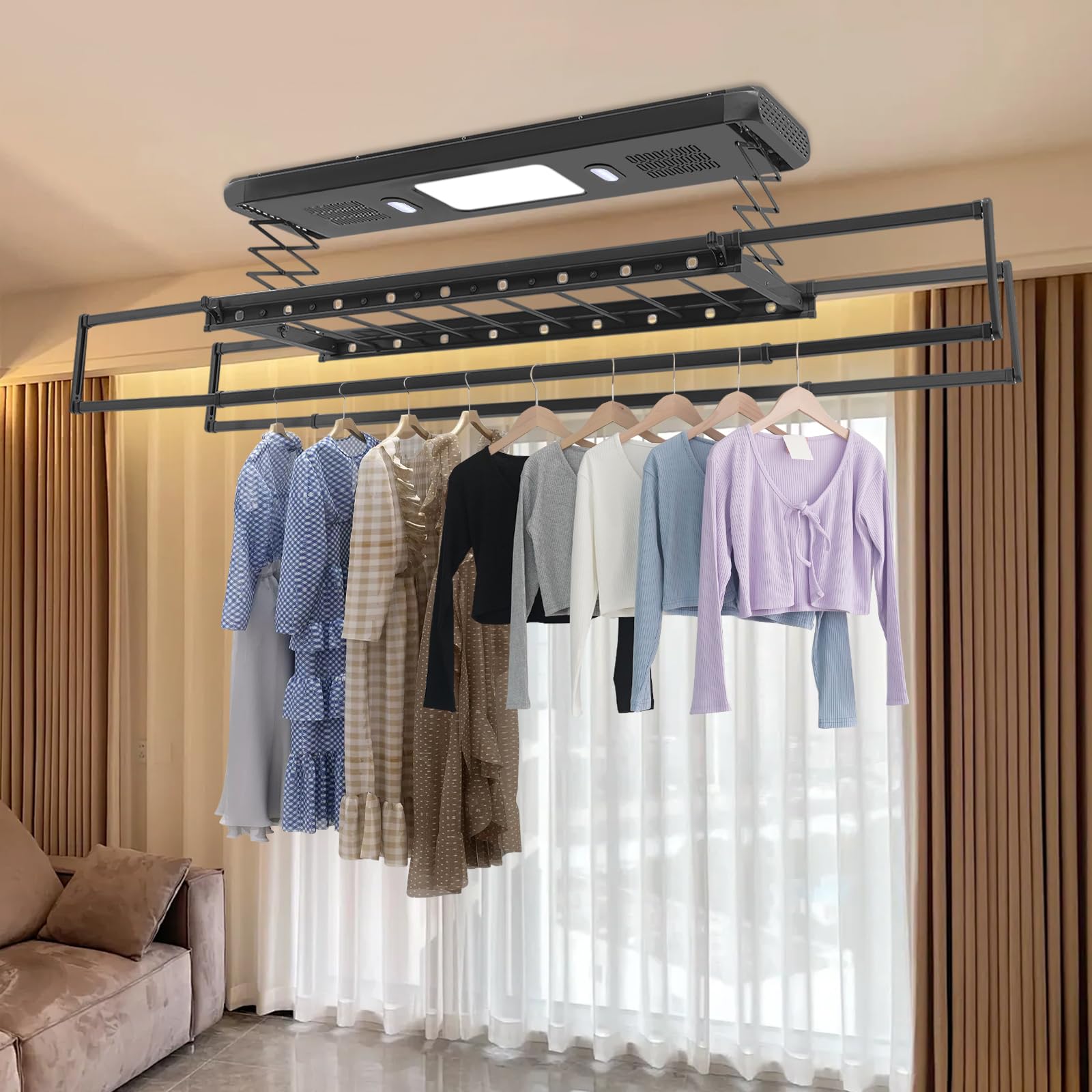 Stendibiancheria elettrico con telecomando, asciugacapelli a soffitto con illuminazione a LED, 2 ventilatori, funzione di sterilizzazione della luce blu, stendibiancheria da parete per balconi