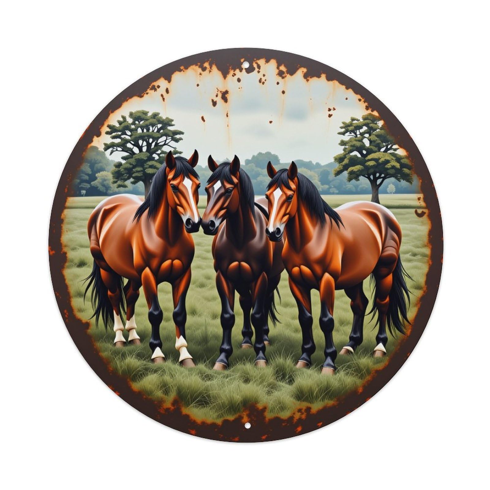 Three Horses Standing Together In Field Vintage Metal Tin Sign Retro Wall Decor for Home Bar Garage Cafe, Indoor & Outdoor Decorative，circle Metal Poster, 8x8 Inch