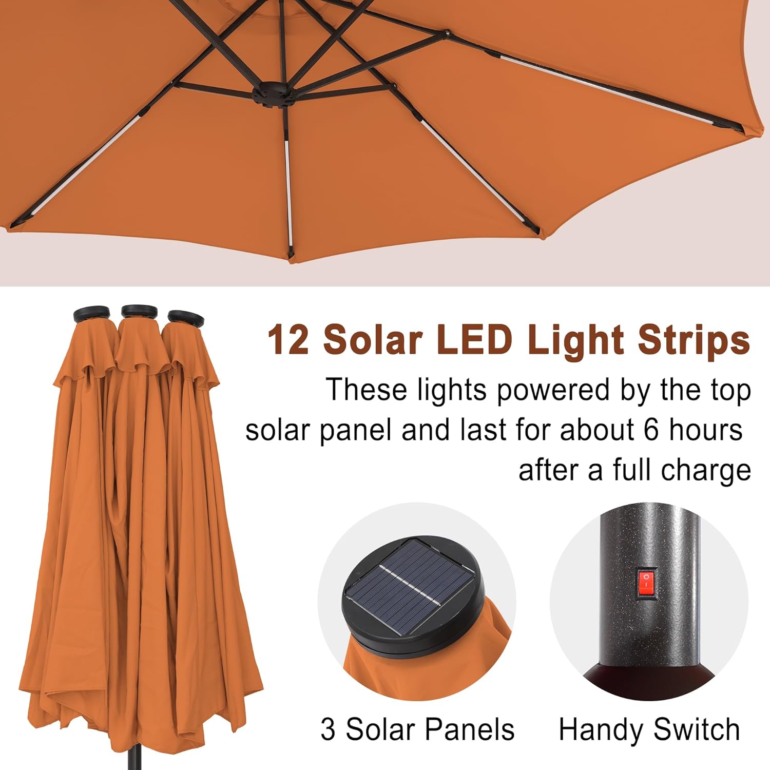 MONDAWE 15 ft Patio Umbrellas with Solar Lights 12 LED Strip Lights Umbrella Rib, Double-Sided Market Umbrella with Base Included, Large Rectangular Umbrella for Yard Poolside