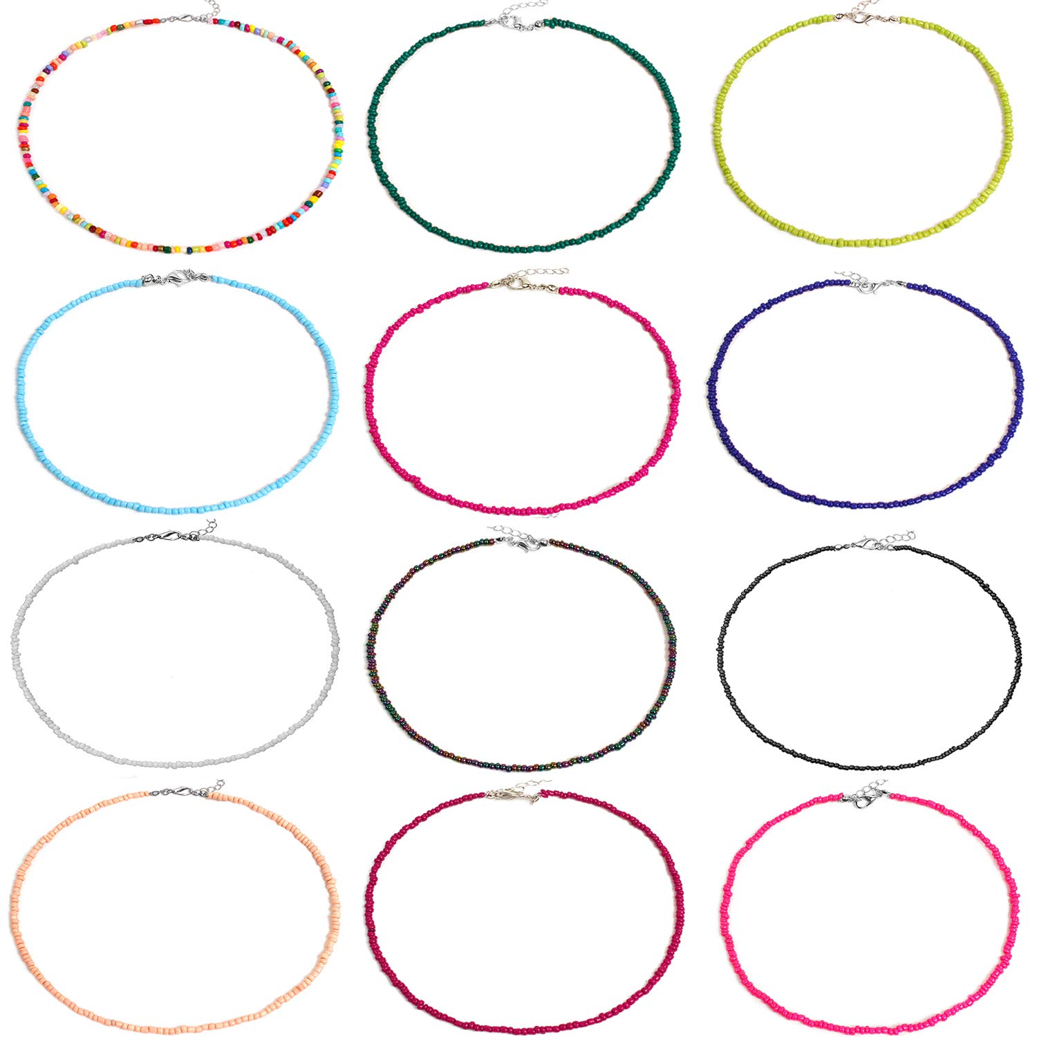 12Pieces Beaded necklace Boho Bohemian seed Bead Choker Colorful Summer Beach Handmade Jewelry for Women Girls