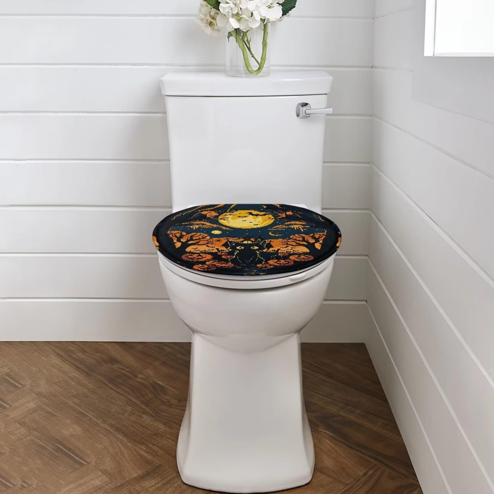 Wiryuouvt Black Cat Toilet Seat Lid Cover Pumpkin Toilet Seat Covers for Bathroom Moon Elongated Toilet Lid Cover Round Toilet Seat Cover Fits Most Toilet Covers Decor for Halloween