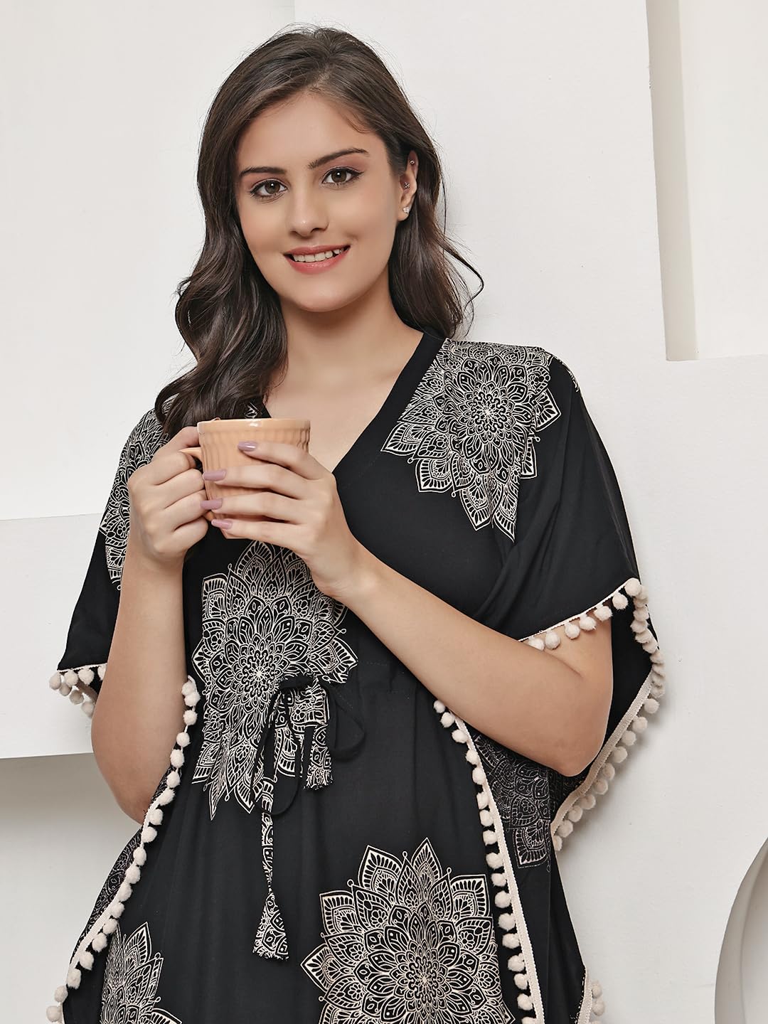 Women's Black Kaftan Maxi Dress with Mandala Print and Pom Pom Trim, V-Neck 2
