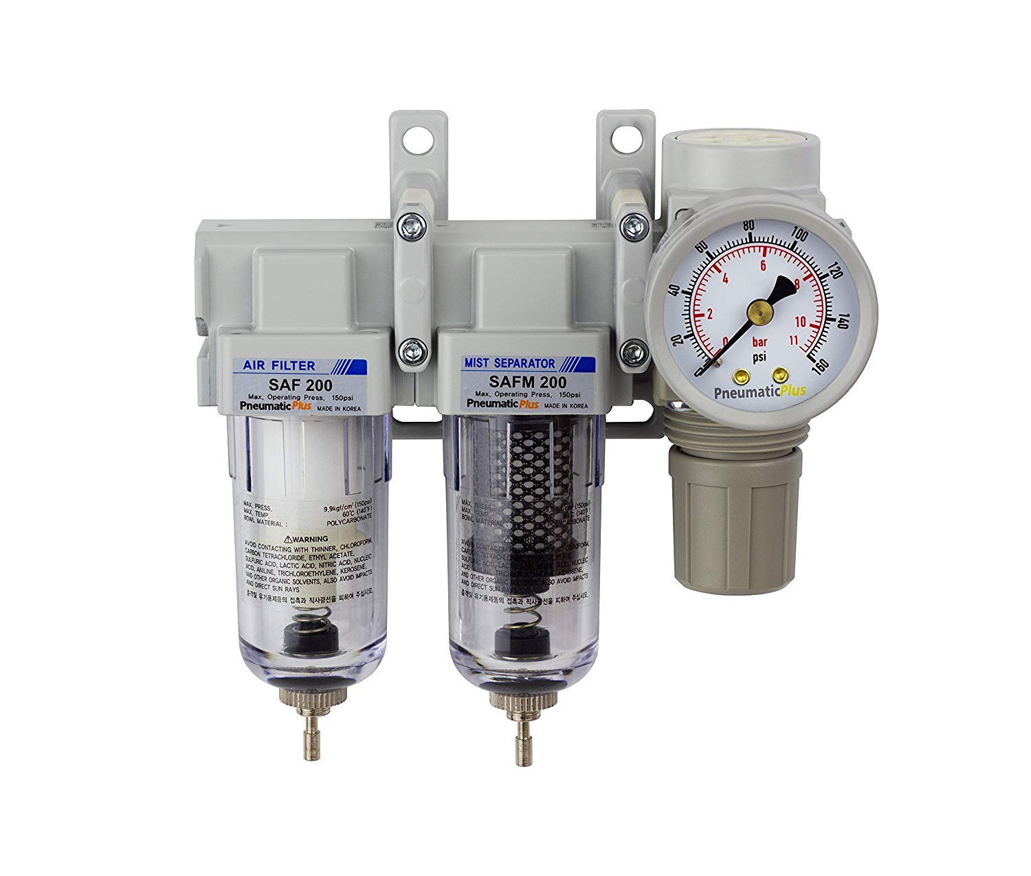 PneumaticPlus SAU230-N02G - Sistema di essiccazione dell'aria a tre fasi, 6,35 mm NPT, filtro dell'aria antiparticolato, filtro a coalescenza, combinazione di regolatore di pressione dell'aria, scocca