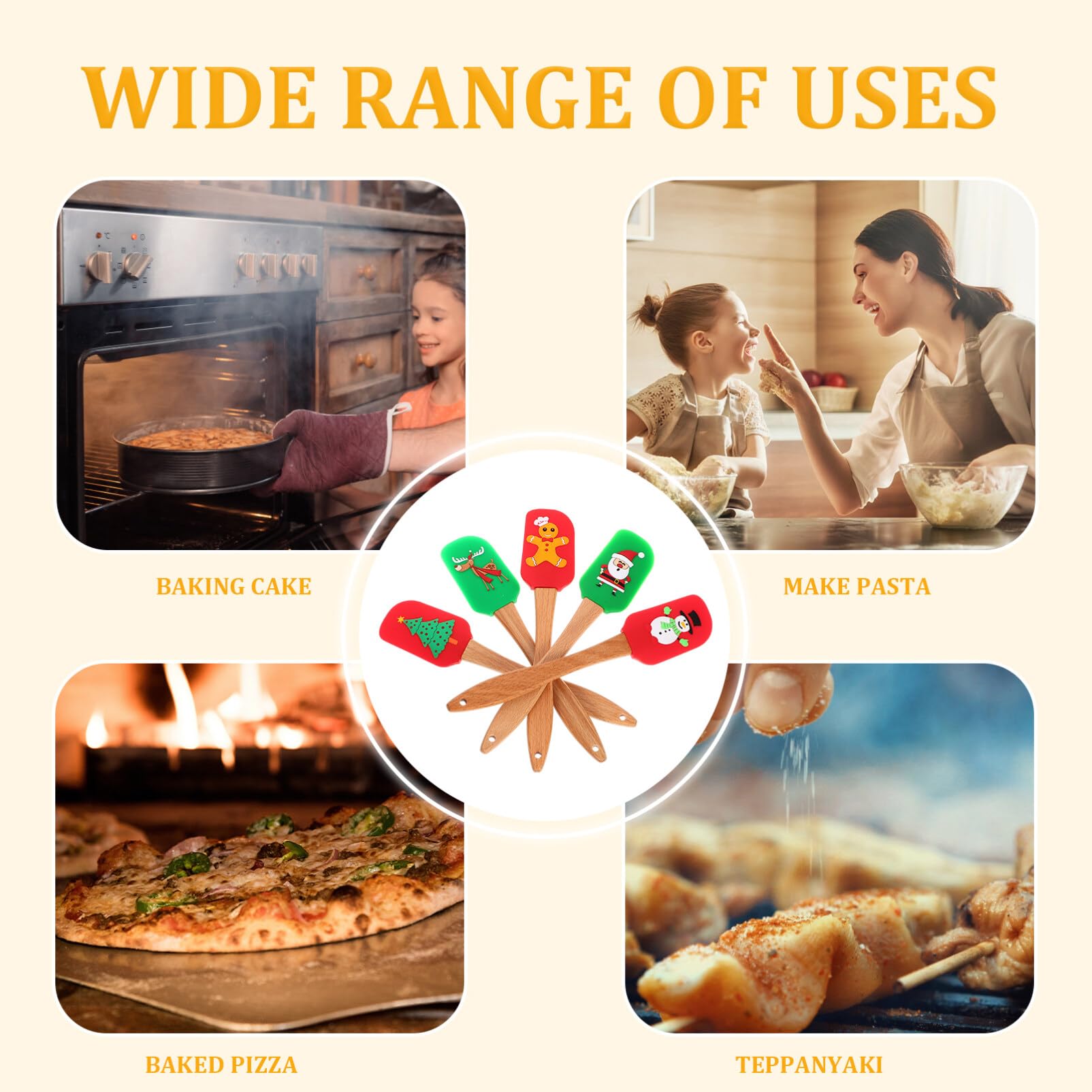 Alipis Spatules Cuisine en Silicone et Bois 5 Pièces pour Pâtisserie de Noël, Outils Sûrs et Rigides pour Racler et Mélanger Desserts Plusieurs styles