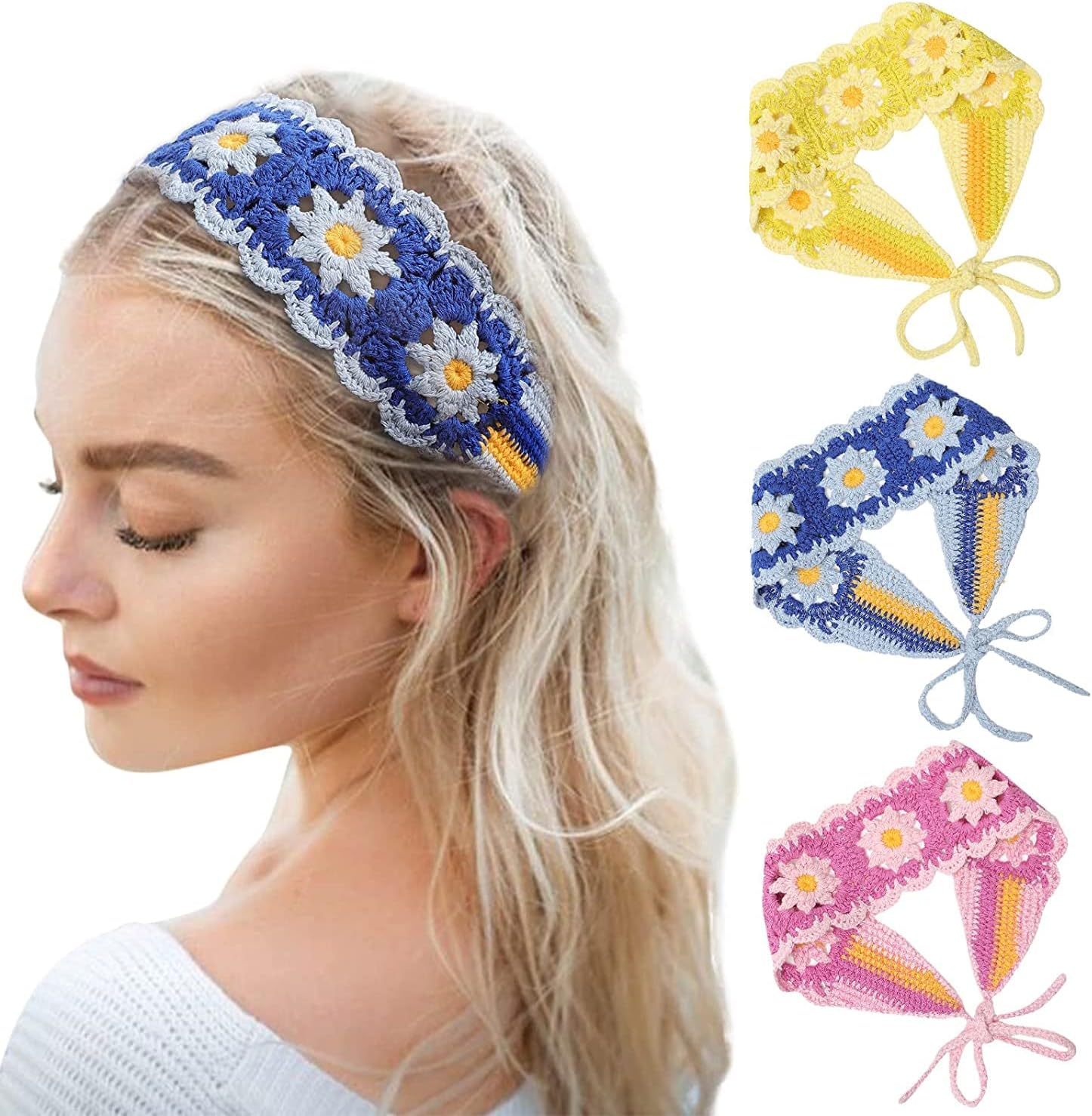 SYOSI Hippie Hair Bandanas Headbands for Women Boho Headband Knit Hair Bands Floral Head Wrap Headband Vintage Head Kerchief for Girls Women Hair Accessories 3PCS