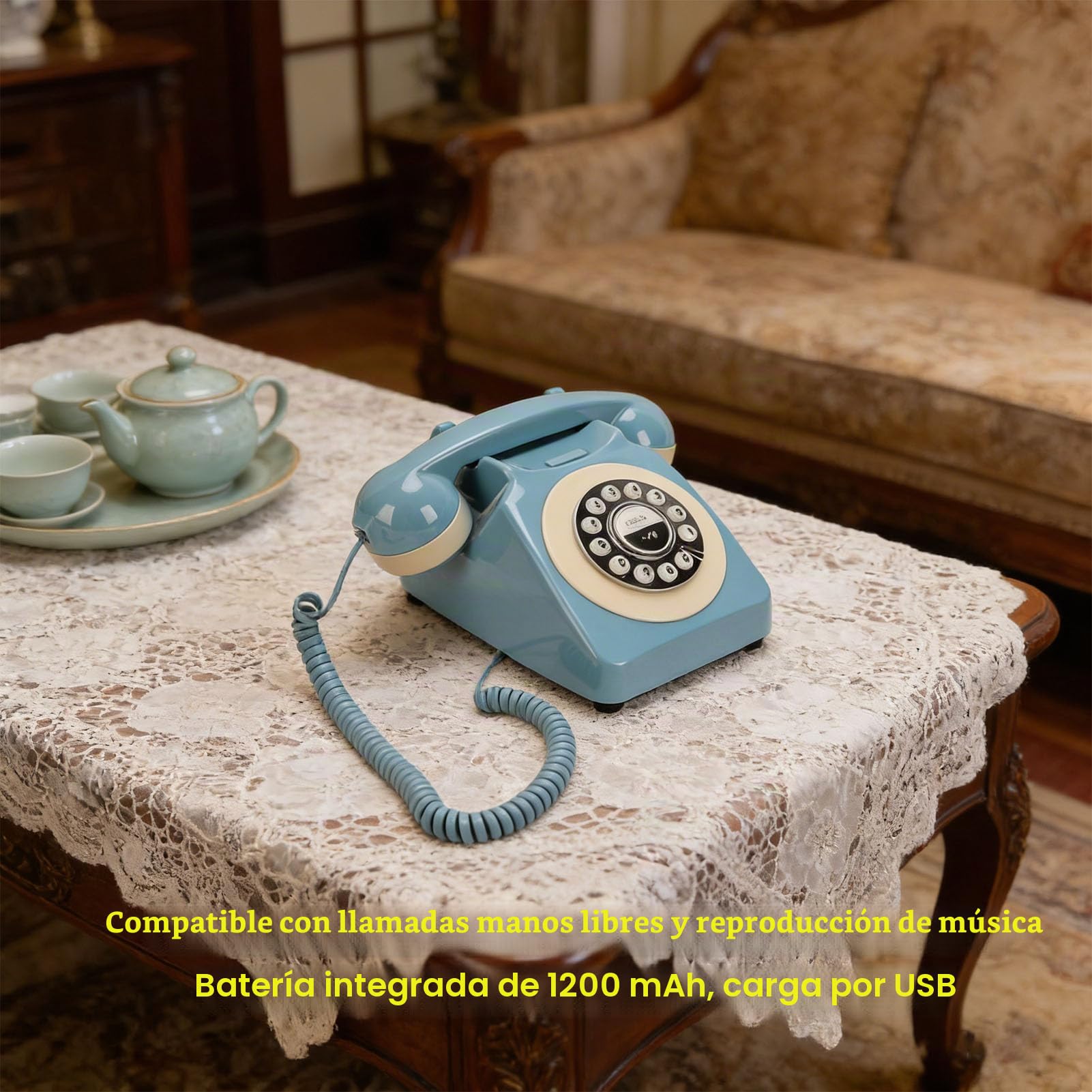 Garsent Teléfono Bluetooth Retro, Teléfono Fijo Bluetooth, Inalámbrico Antiguo de Estilo Vintage con Batería Recargable USB, Llamadas Manos Libres y Reproducción de música. (Blue)