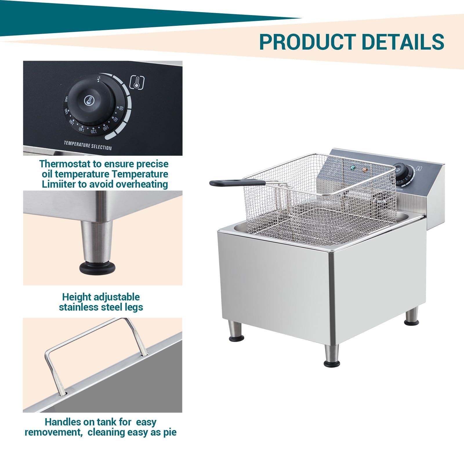 Commercial Deep Fryer, Electric Deep Fryer With Baskets and Lid, 11L/3.3Gal 1700W Stainless Steel Oil Fryer, Temperature Control for Home Kitchen and Restaurant