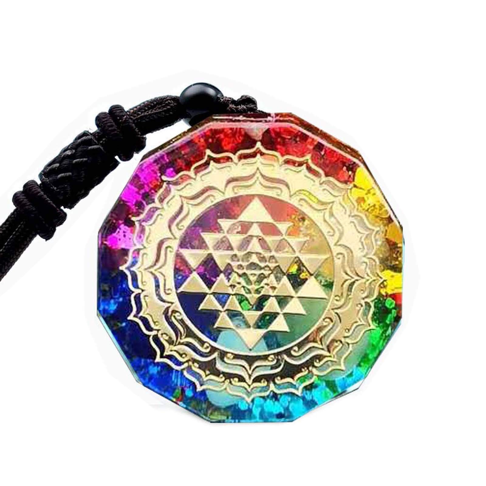 Sinymilk Reiki Orgonite Sri Yantra Symbol Metatron's Cube Necklace 7 Chakra Sacred Geometry Orgone Pendant, Resin Stone, rainbow stones