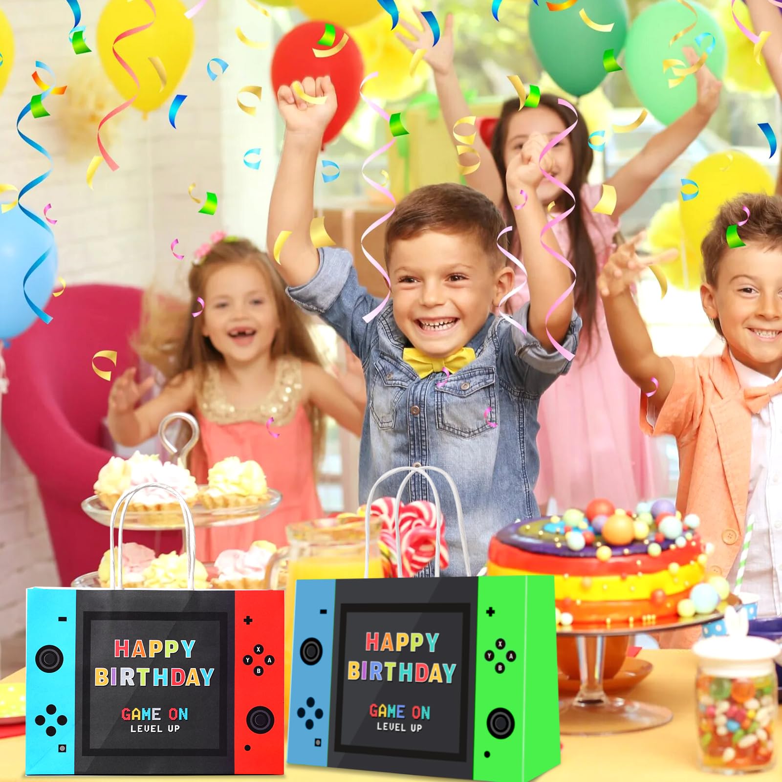 JOCOPUERTO Bolsas de regalo de fiesta de videojuegos, bolsas de regalo de papel kraft con temática de juegos, 16 piezas, suministros de fiesta de cumpleaños