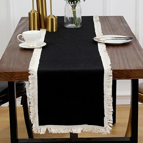 LOHUT Camino de mesa de lino negro con borla camino de mesa para mesa de centro y comedor 12 x 108 pulgadas