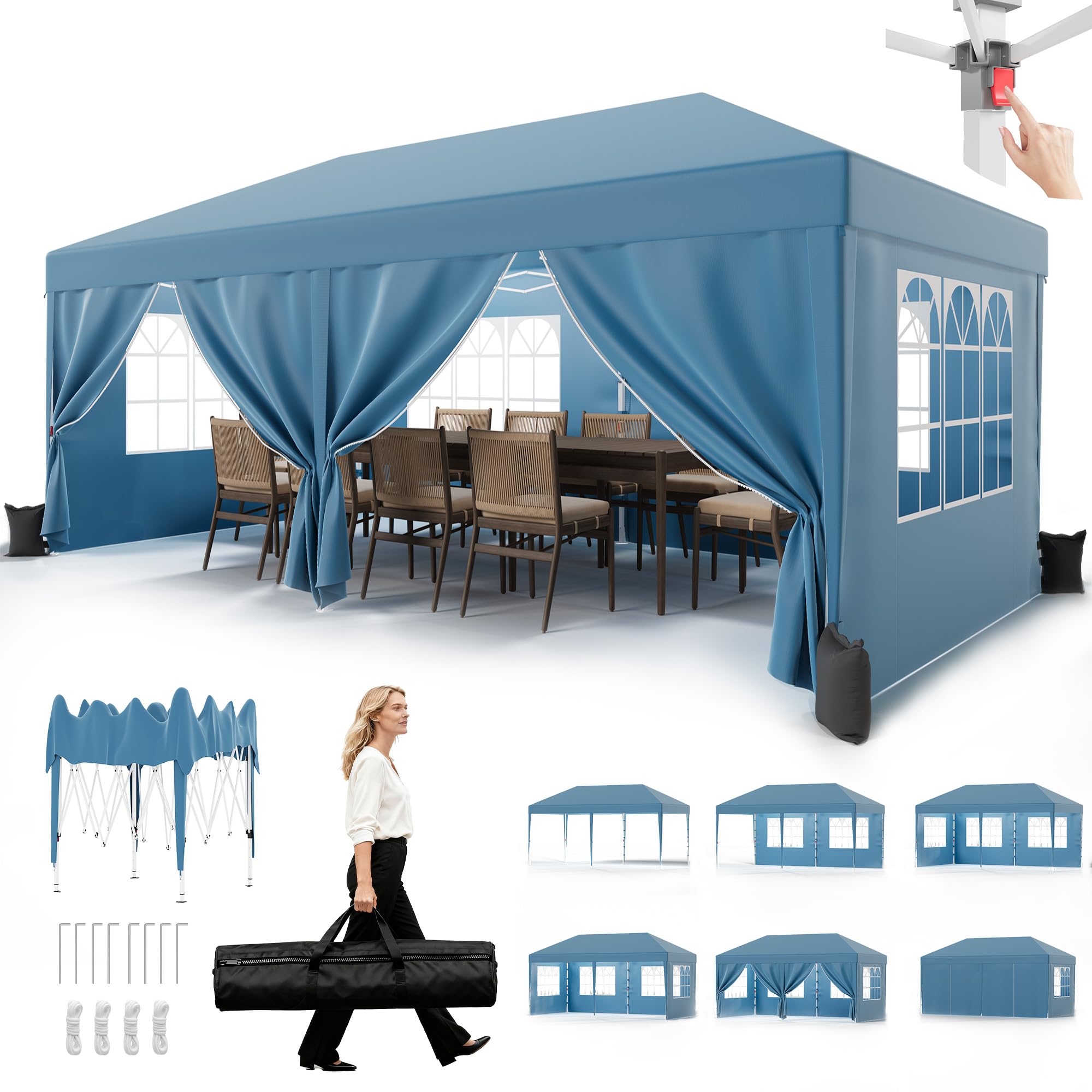 JUMMICO Pavillon 3x6 Wasserdicht Stabil Winterfest Höhe Verstellbar,Faltpavillon mit 6 Seitenwänden,Pavillion UV Schutz 50+,Gartenpavillon Faltzelt für Garten, Innenhof, Camping,Gazebo Blue