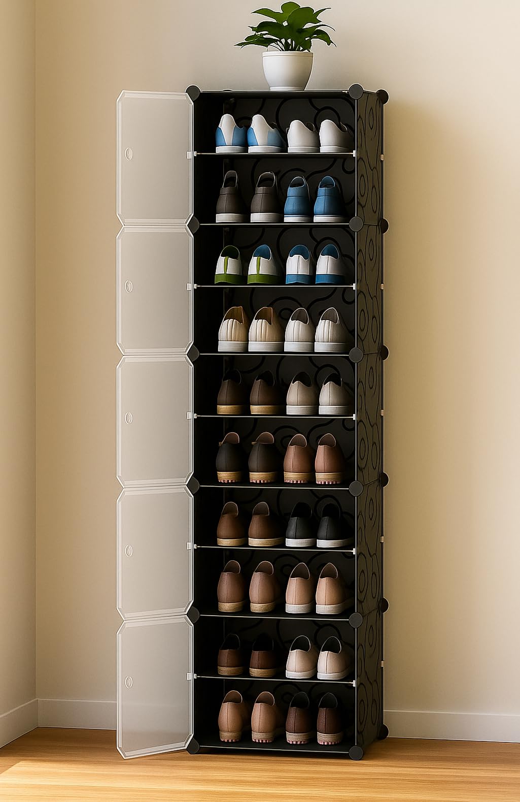 Zemic Plastic Shoe Rack for Home | 𝟓-𝐃𝐨𝐨𝐫_𝟏𝟎-𝐒𝐡𝐞𝐥𝐟 Portable Shoe Organizer with Doors for Heels, Boots, Slippers & Chappals Sandals Shoe Stand | DIY Multipurpose 𝐁𝐥𝐚𝐜𝐤 Storage Rack-image-12