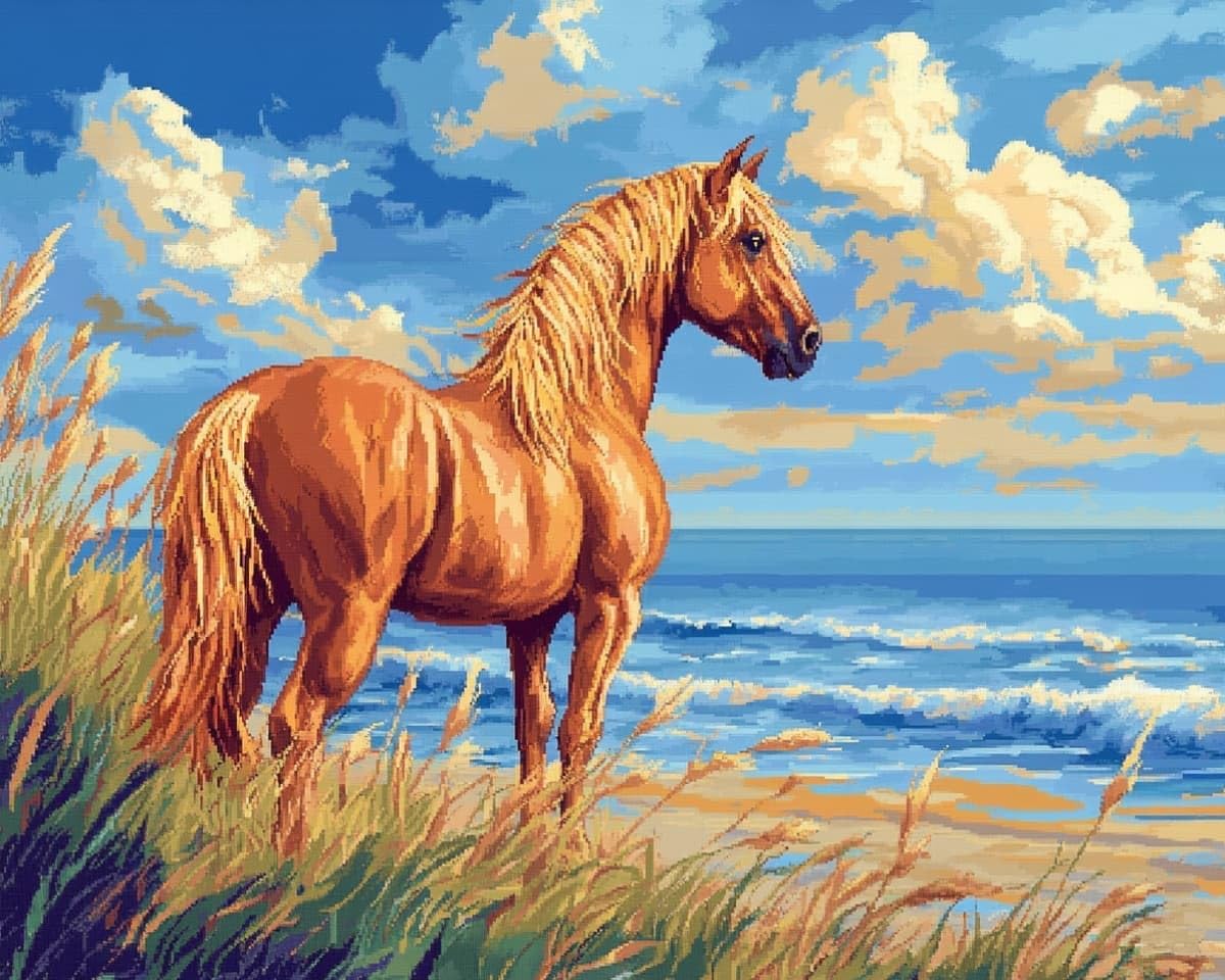 AxiangziK 16x20 Inch Cross Stitch Kit,Horses on the Beach 40x50cm Pre Printed Embroidery Kit for Adults,DIY Needlepoint Wall Art Home Decor