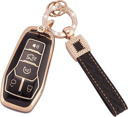 EKALA Funda para llavero Ford con llavero de cuero, carcasa de TPU suave de 45 botones, compatible con Ford F150, Explorer, Mustang, Edge, Lincoln