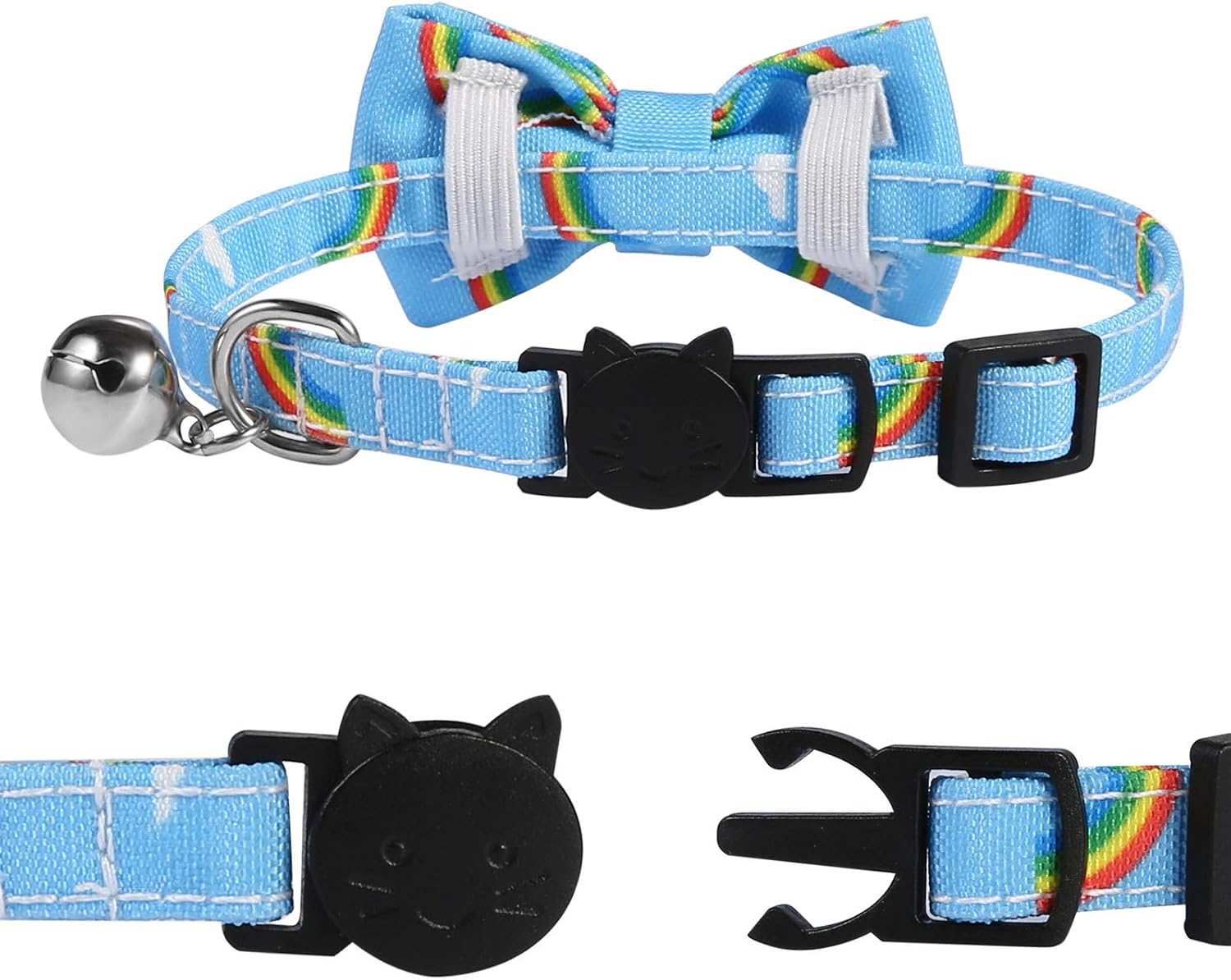 SLSON Cat Collar Breakaway with Bell Kitten Collar with Cute Bowtie Rainbow Pattern Collar for Cats and Small Dogs Pets Adjustable from 8-11In