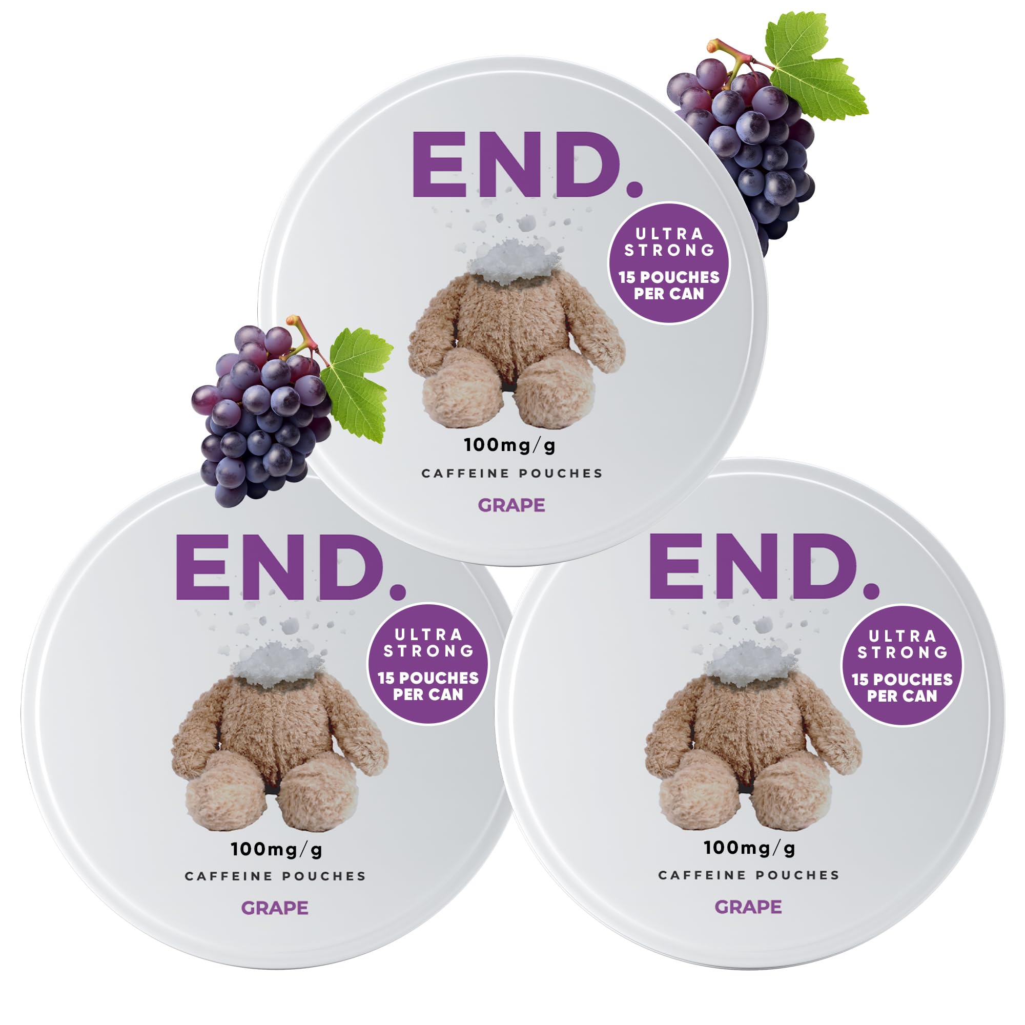 END. Caffeine Pouches: 75mg Natural Energy Boost, 12 Natural Flavors, Tobacco and Nicotine Free Pouches, On-The-Go Energy, Zero Sugar, 15 Coffee Pouches Per Can (Pack of 3, Grape)