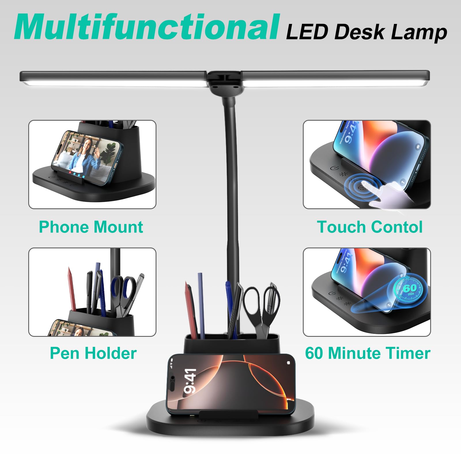 LED Desk Lamp, Eye-Caring Desk Light with Organized Base, 5 Color Modes & 5 Level Brightness, Adjustable Flexible Gooseneck Touch Lamp, Small Desk Lamp for Home Office, College Dorm Room Essentials